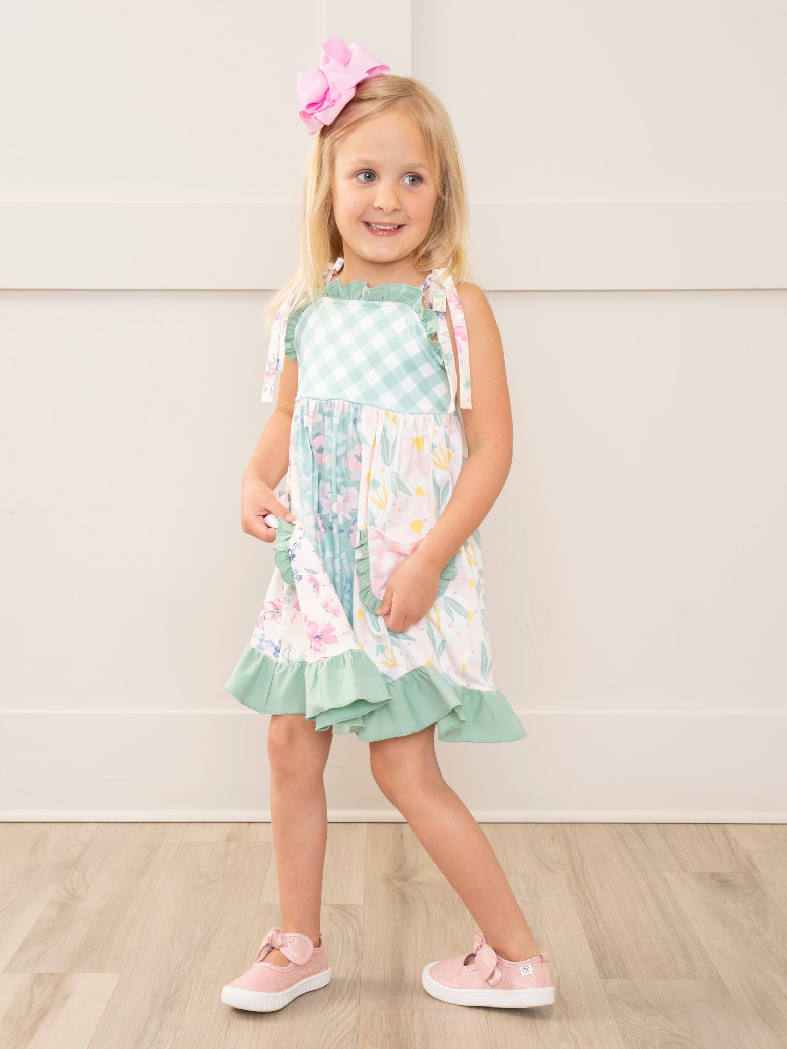 Pink & Green Gingham Garden Ruffle Dress - Marie Nicole Clothing