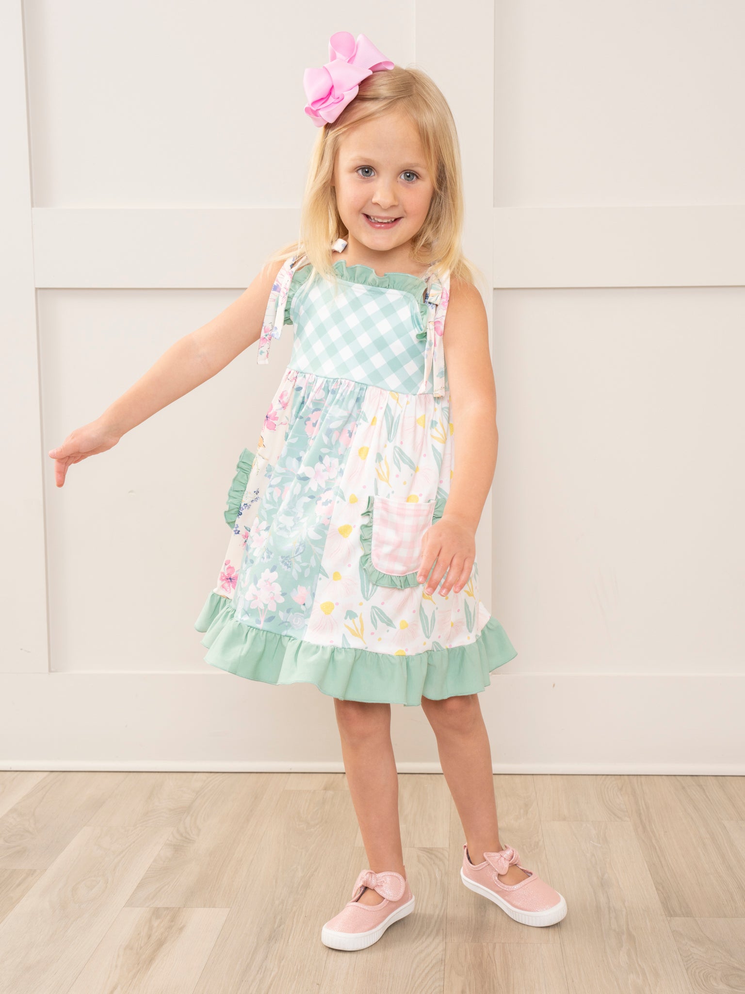 Pink & Green Gingham Garden Ruffle Dress - Marie Nicole Clothing