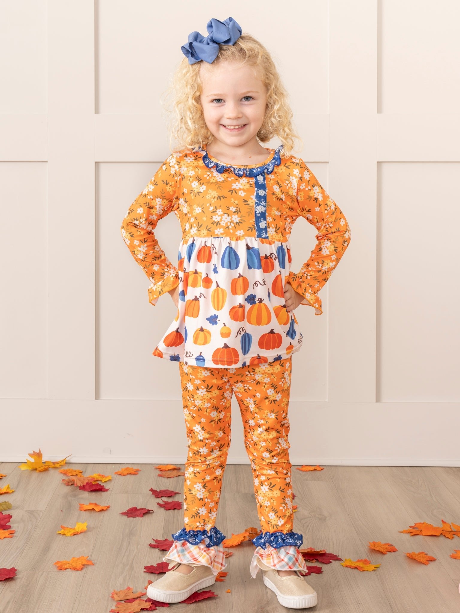 Orange Blooms & Blue Plaid Pumpkin Ruffle Outfit - Marie Nicole Clothing