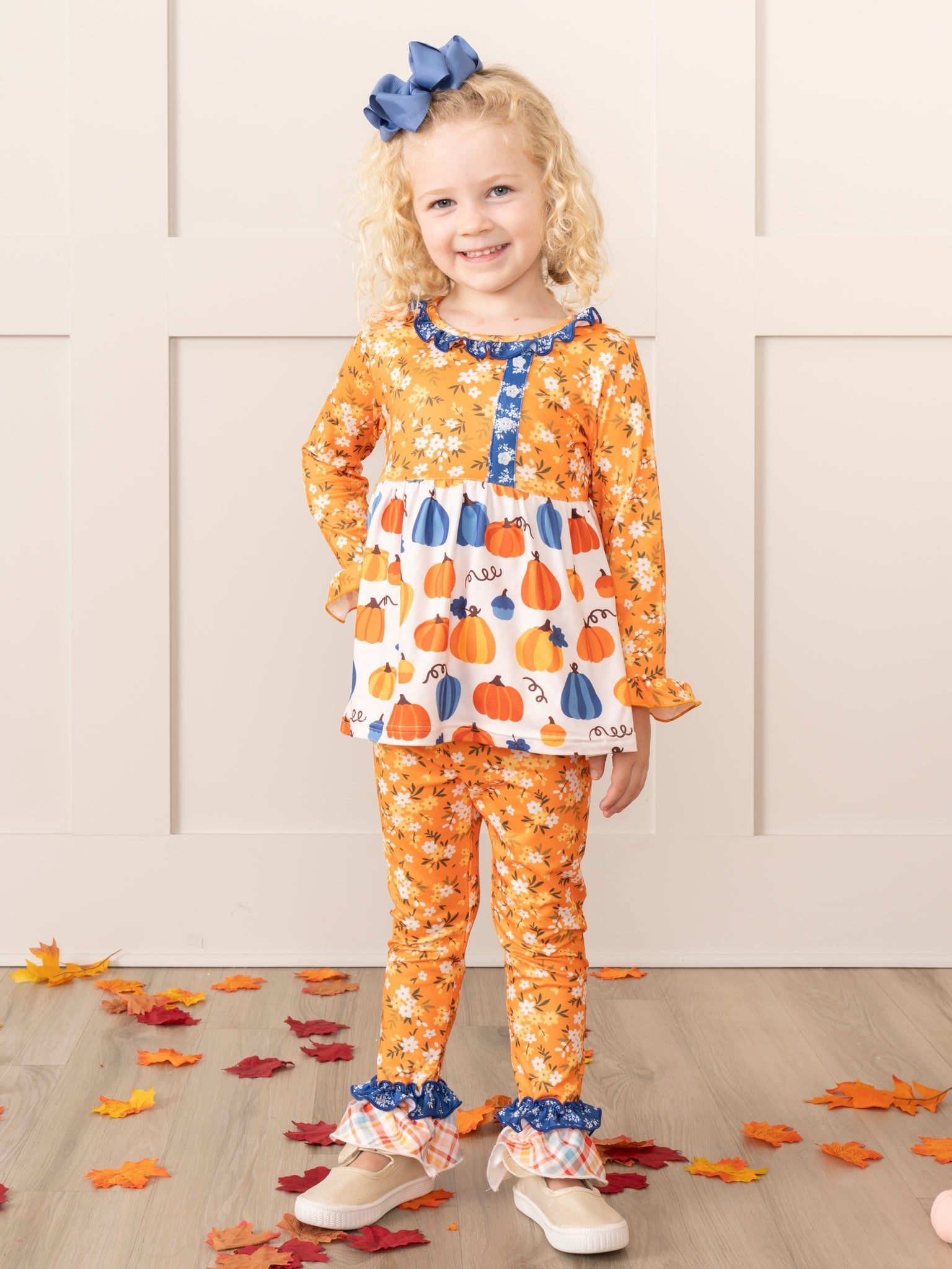 Orange Blooms & Blue Plaid Pumpkin Ruffle Outfit - Marie Nicole Clothing