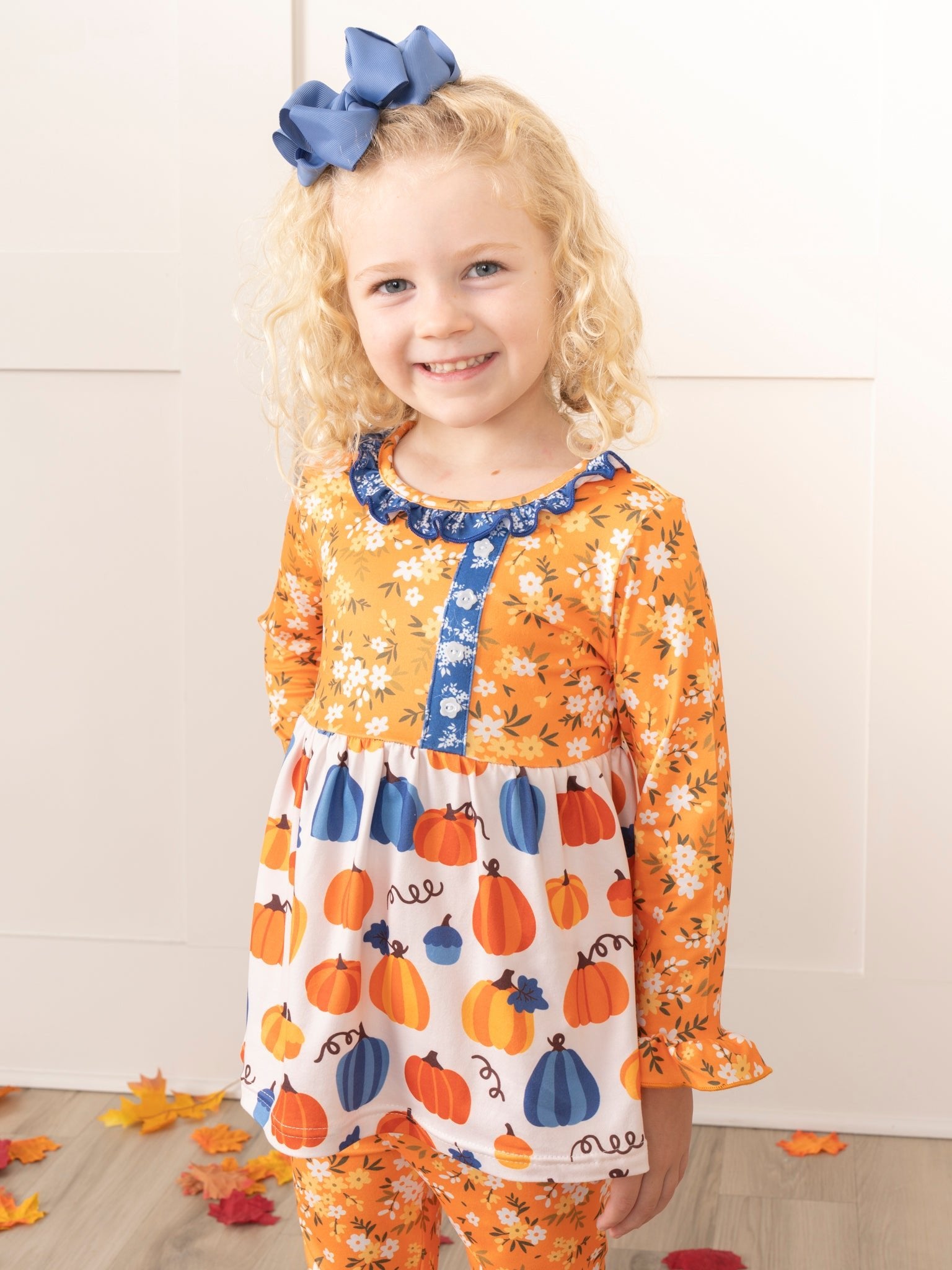 Orange Blooms & Blue Plaid Pumpkin Ruffle Outfit - Marie Nicole Clothing