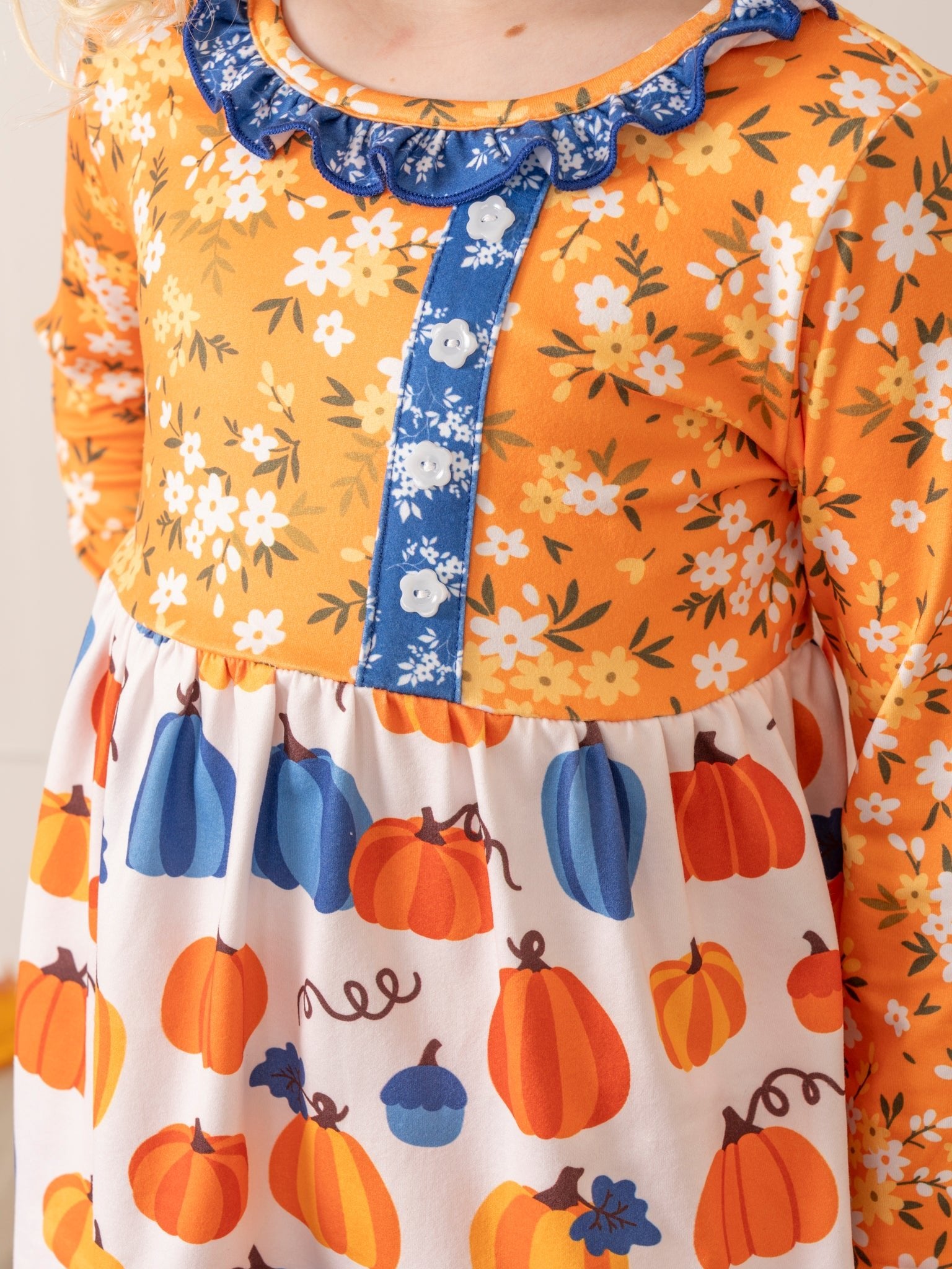 Orange Blooms & Blue Plaid Pumpkin Ruffle Outfit - Marie Nicole Clothing