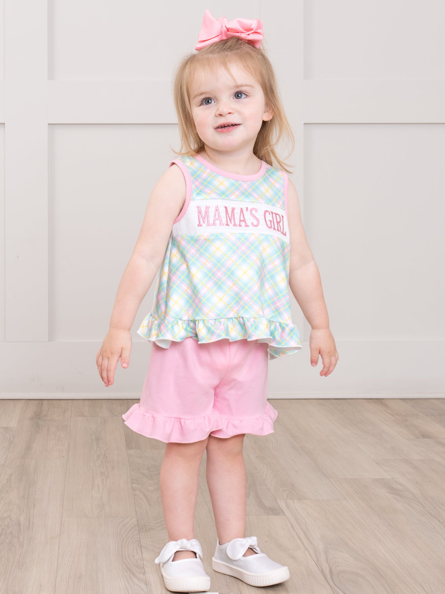 Mama’s Girl Pastel Plaid Smocked Ruffle Outfit - Marie Nicole Clothing