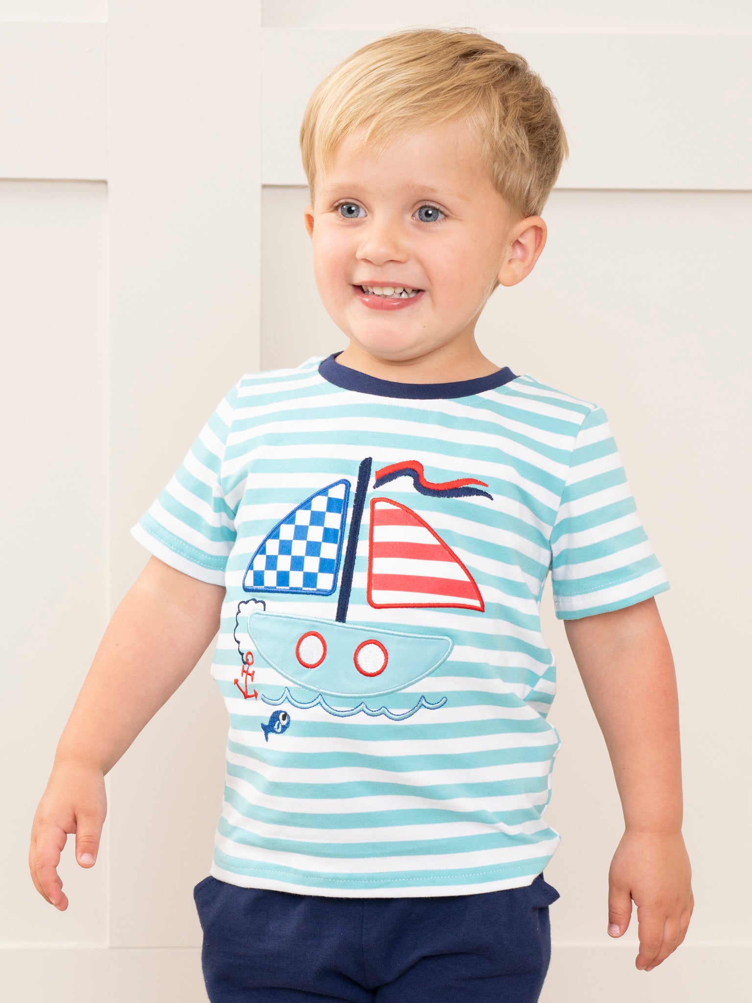 Teal Stripes Sailboat Shirt - Marie Nicole Clothing