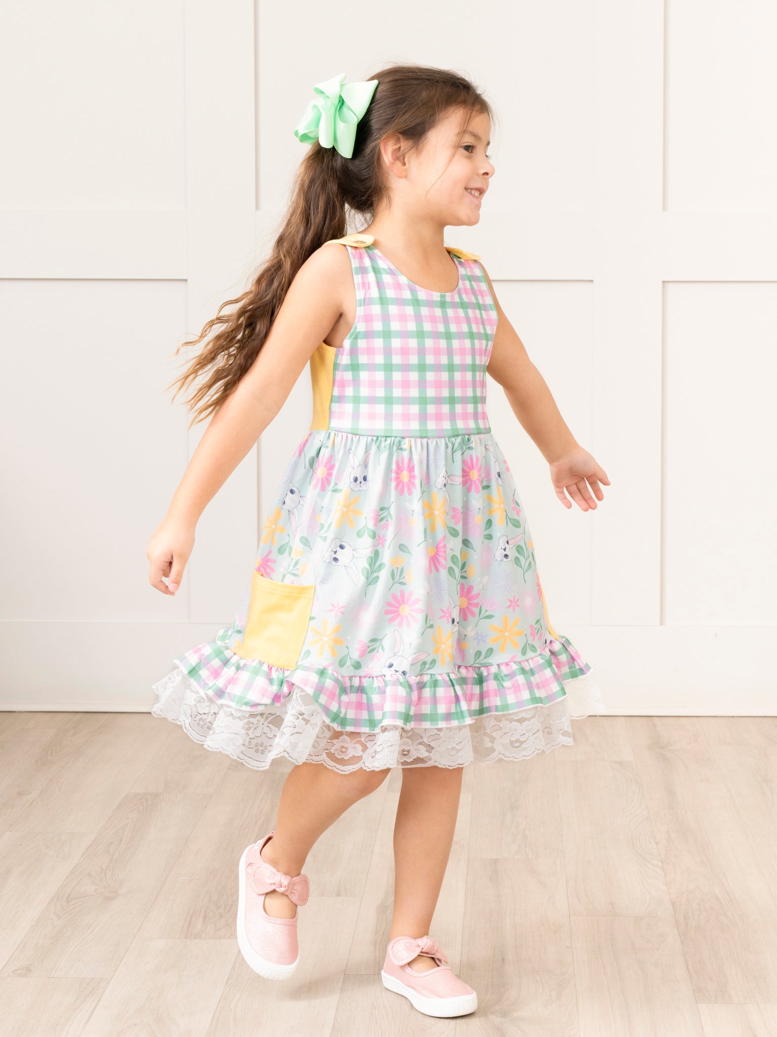 Pink & Green Gingham Bunny Ruffle Dress - Marie Nicole Clothing