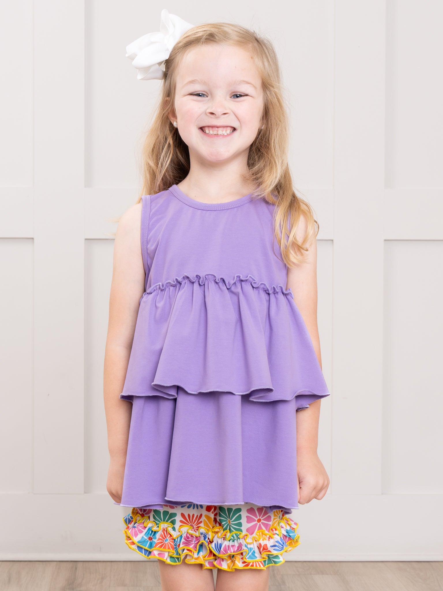 Ruffle Hem Shorts - Flower Tiles - Marie Nicole Clothing