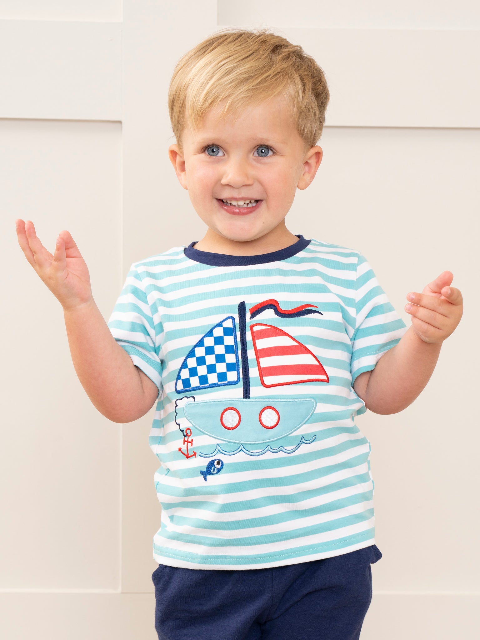 Teal Stripes Sailboat Shirt - Marie Nicole Clothing