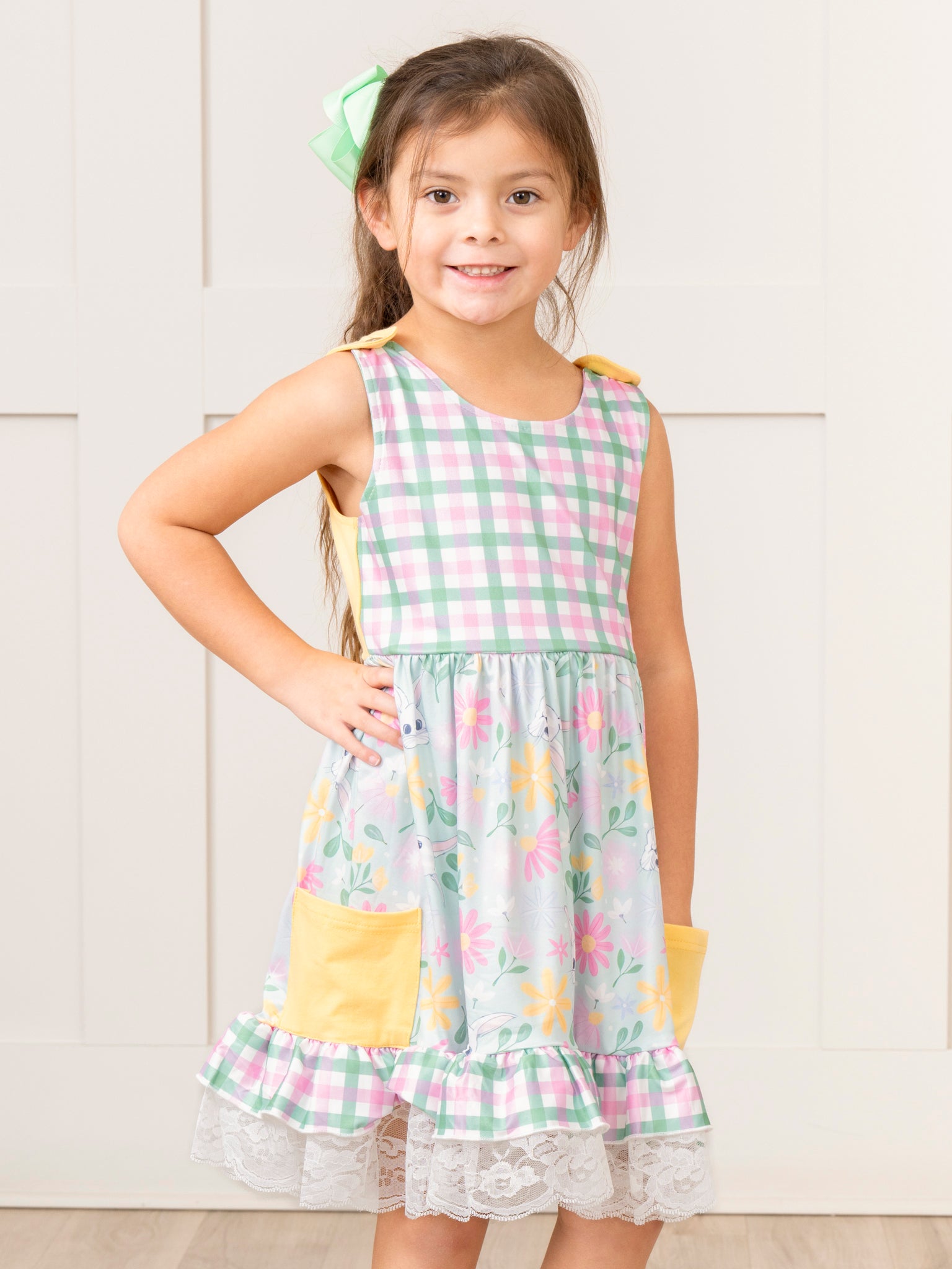 Pink & Green Gingham Bunny Ruffle Dress - Marie Nicole Clothing