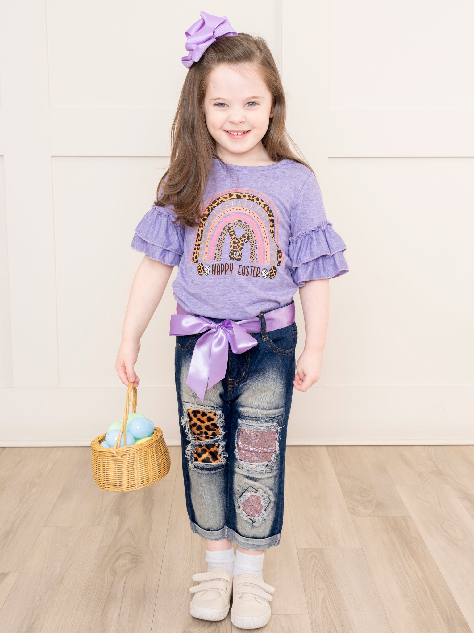 Purple Leopard Rainbow Ruffle Top & Distressed Denim Outfit - Marie Nicole Clothing