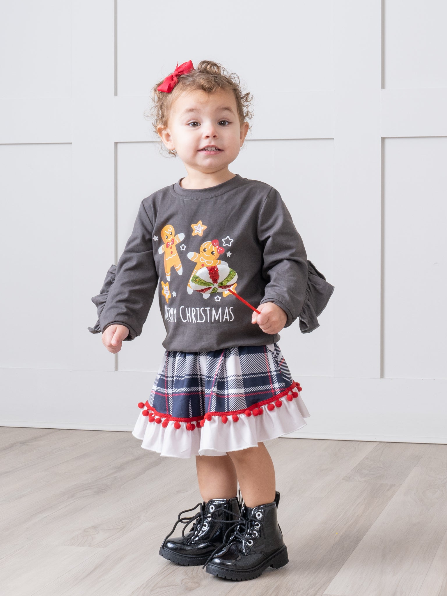 Christmas Gingerbread Plaid Ruffle Outfit w/ Skirt - Marie Nicole Clothing