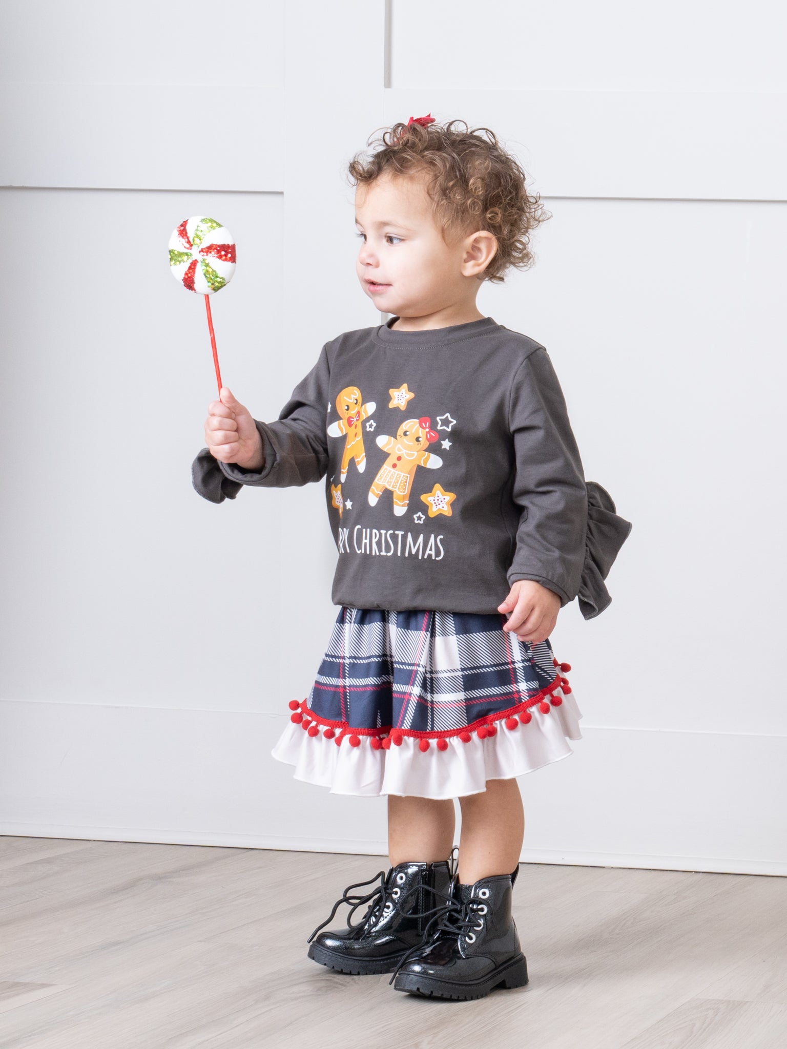Christmas Gingerbread Plaid Ruffle Outfit w/ Skirt - Marie Nicole Clothing