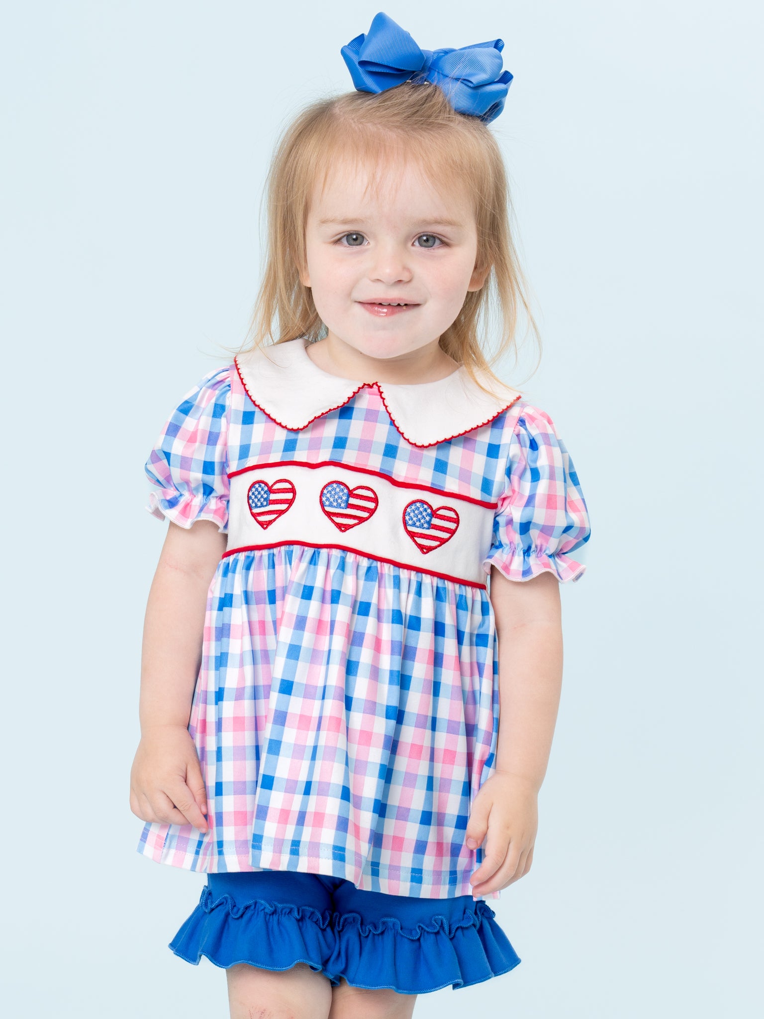 USA Heart Embroidered Plaid Ruffle Outfit - Marie Nicole Clothing