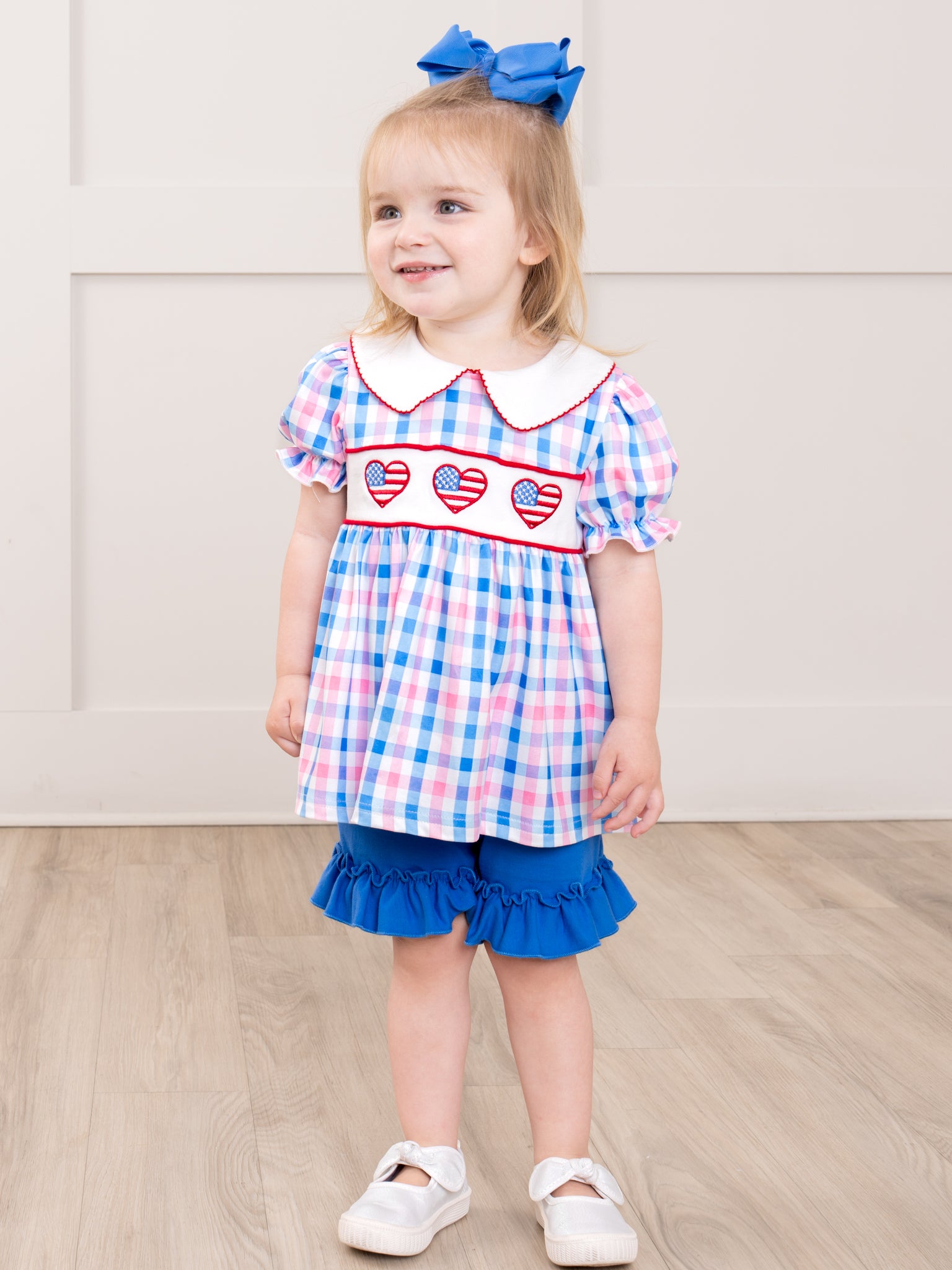 USA Heart Embroidered Plaid Ruffle Outfit - Marie Nicole Clothing