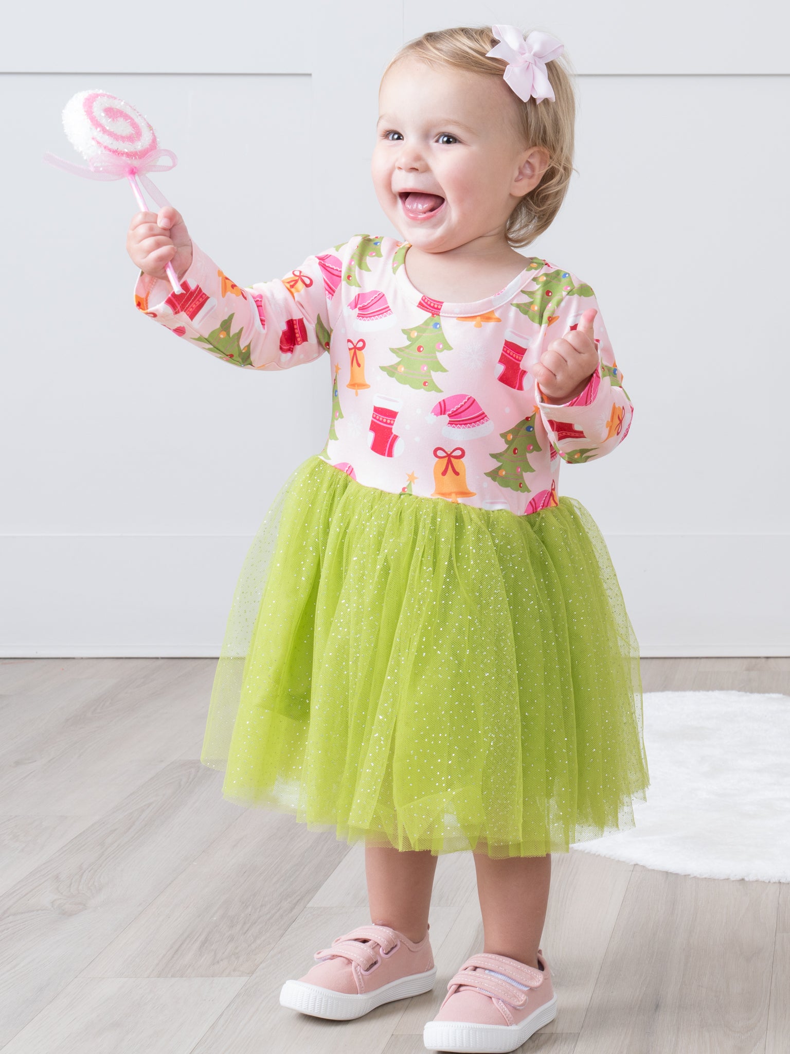 Lime & Pink Christmas Trees Swing Tulle Dress - Marie Nicole Clothing