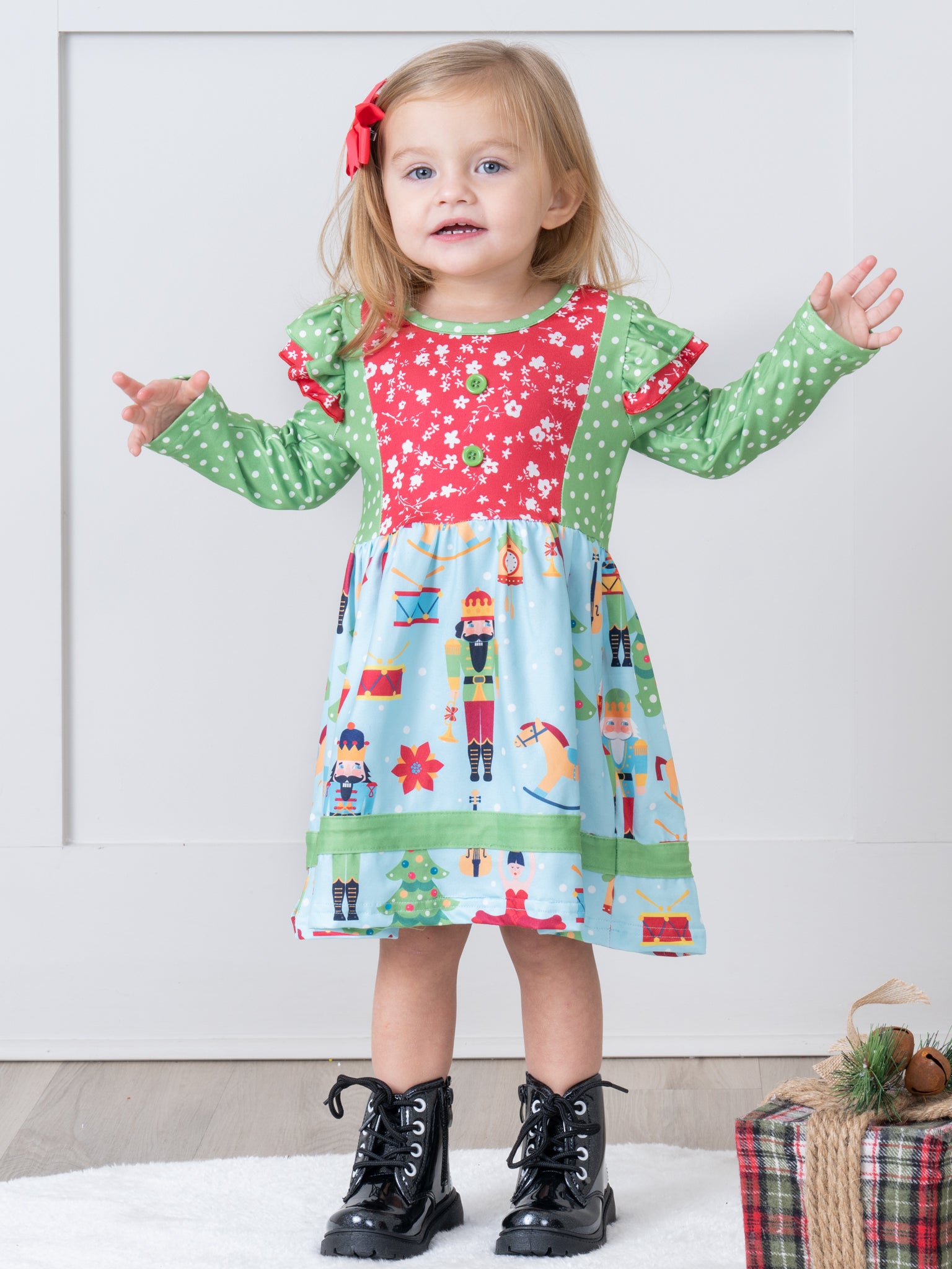 Green & Blue Dots Nutcracker Ruffle Dress - Marie Nicole Clothing