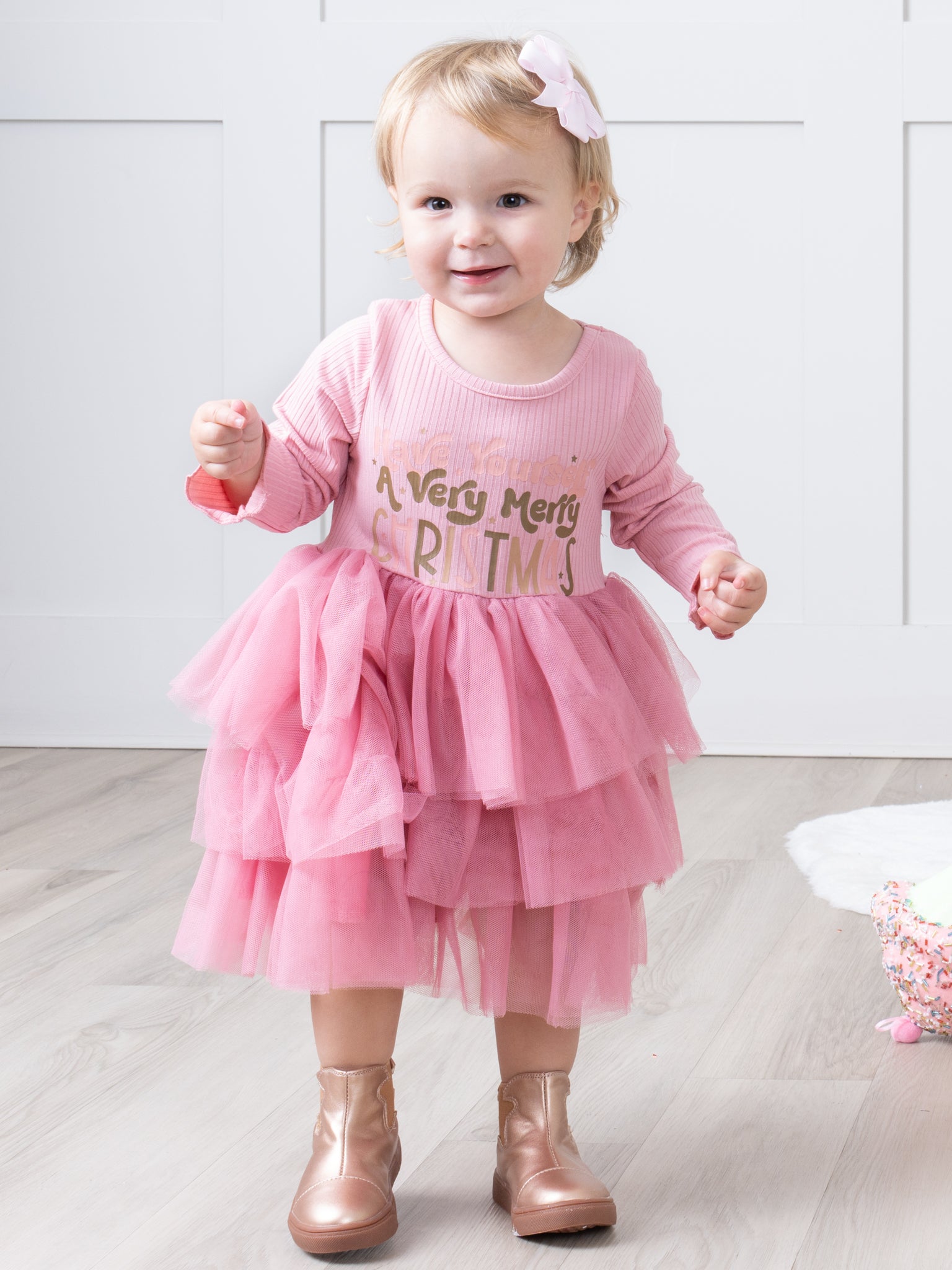 Pink Ribbed Merry Christmas Tiered Tulle Dress - Marie Nicole Clothing