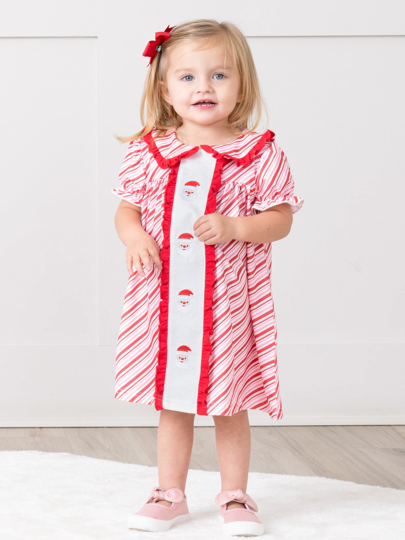 Candy Cane Stripe Embroidered Santa Ruffle Dress - Marie Nicole Clothing