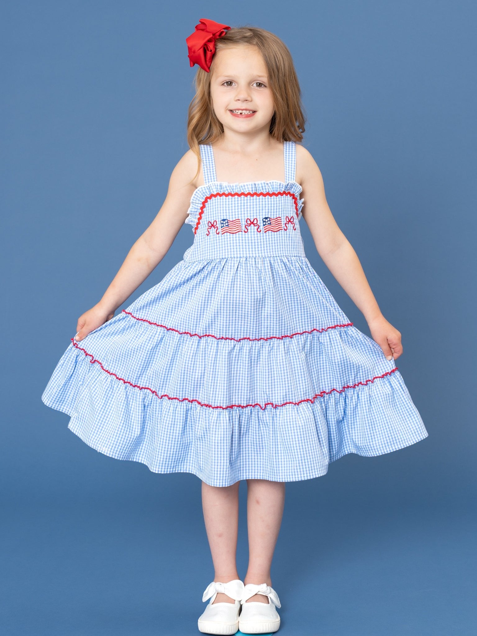 Patriotic Flag & Bows Embroidered 100% Cotton Tiered Dress - Marie Nicole Clothing