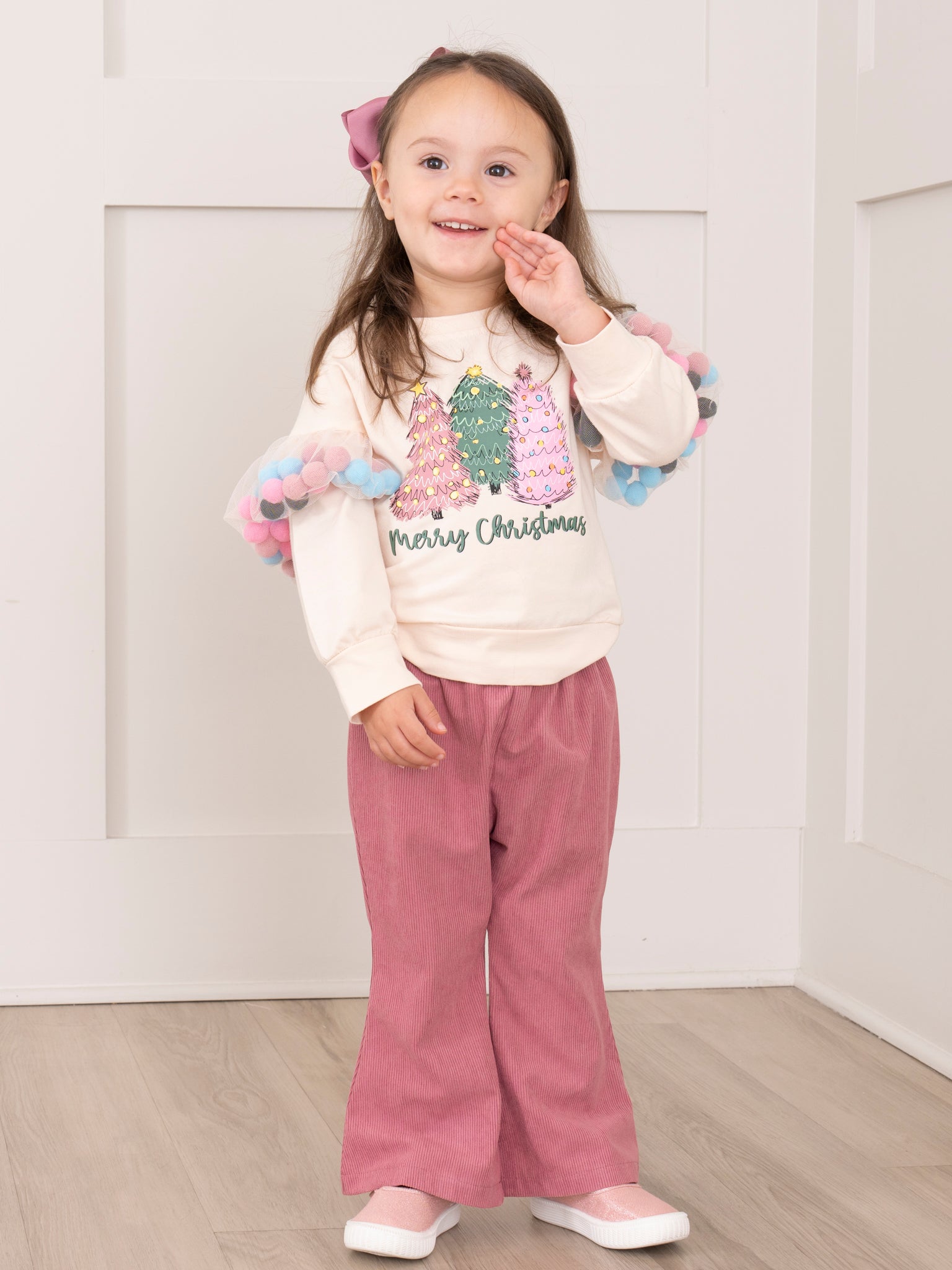Mauve Christmas Pom Poms Flare Pants Outfit - Marie Nicole Clothing
