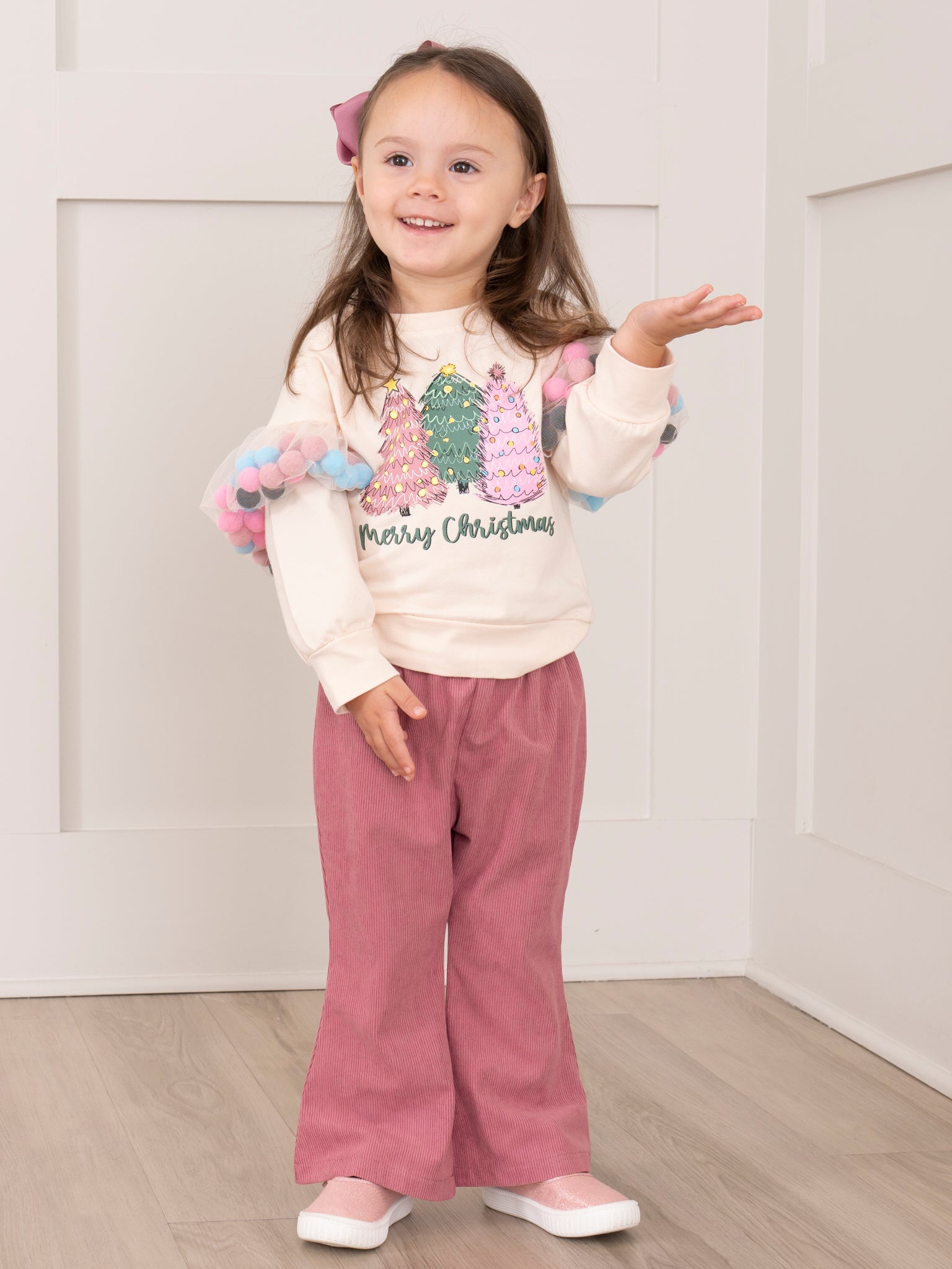 Mauve Christmas Pom Poms Flare Pants Outfit - Marie Nicole Clothing