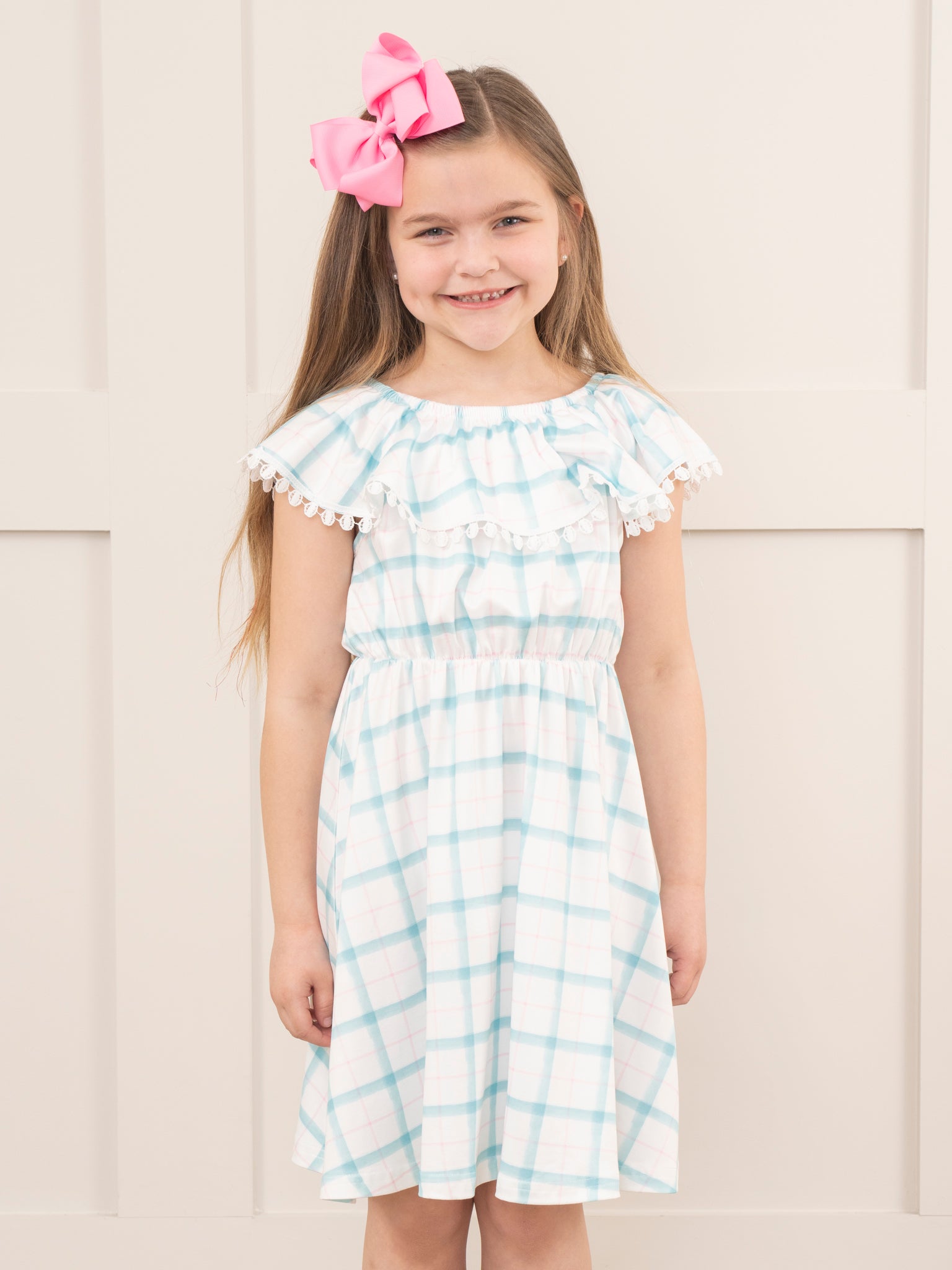 Teal & Pink Plaid Lace Trim Dress - Marie Nicole Clothing