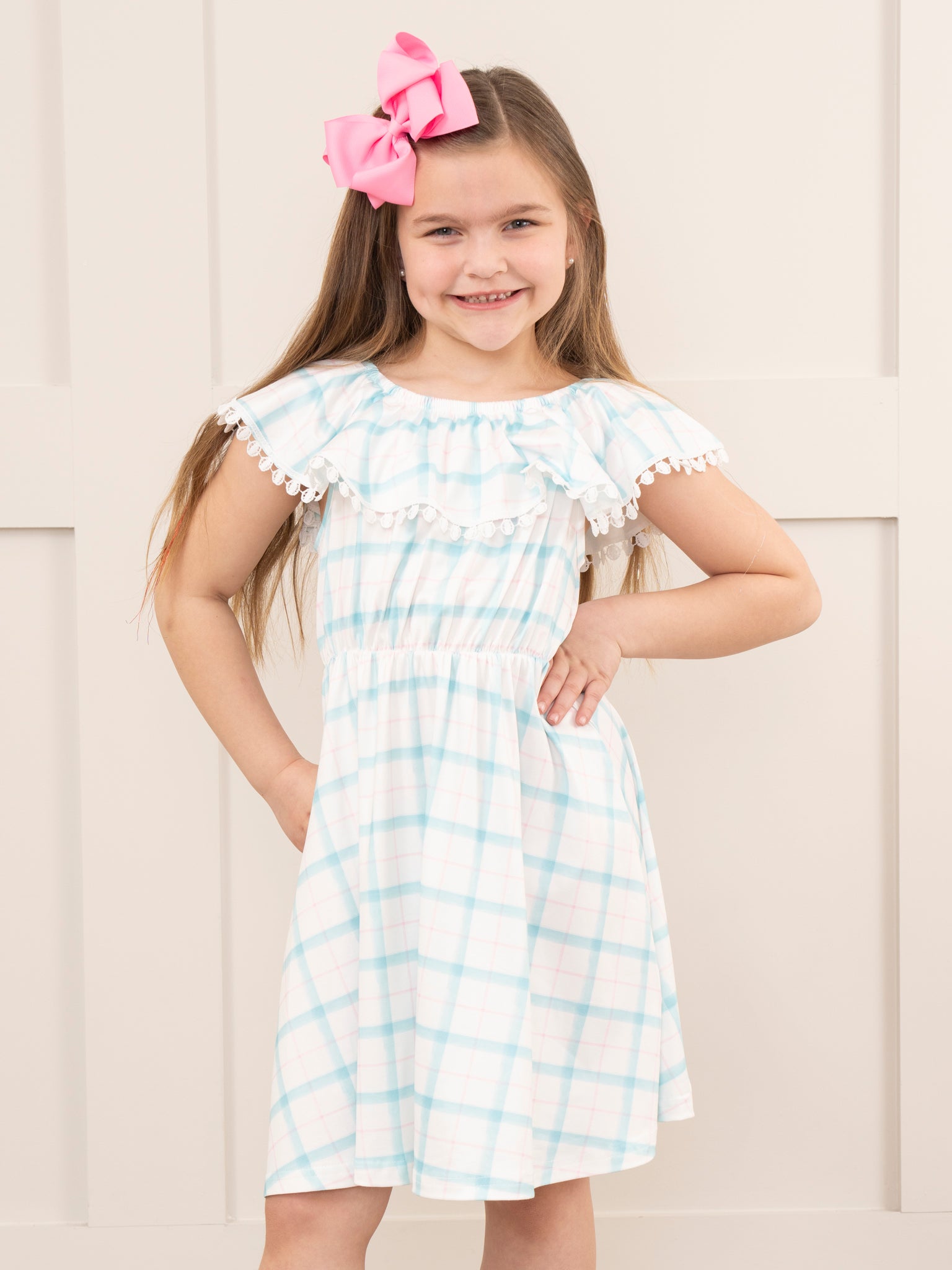 Teal & Pink Plaid Lace Trim Dress - Marie Nicole Clothing
