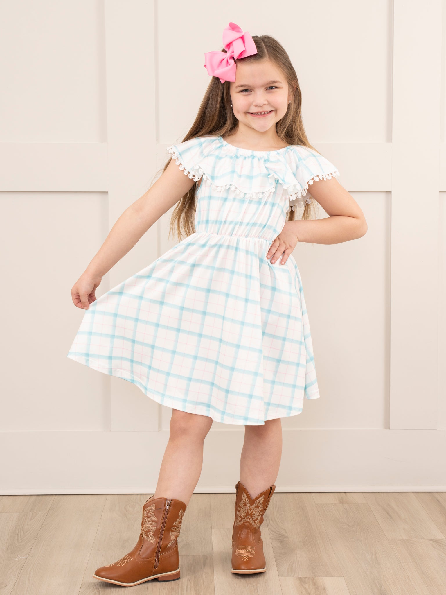 Teal & Pink Plaid Lace Trim Dress - Marie Nicole Clothing