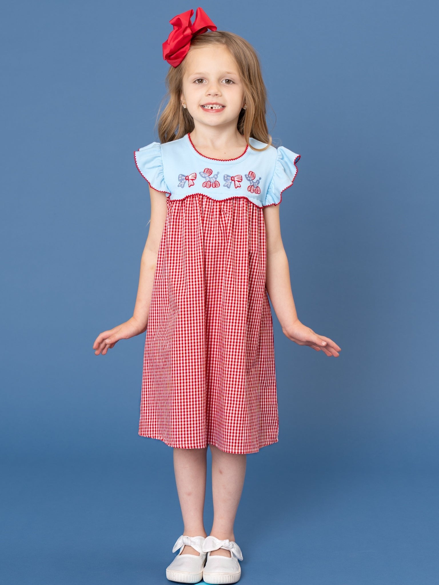 Balloon Pup Gingham Embroidered Cotton Dress - Marie Nicole Clothing