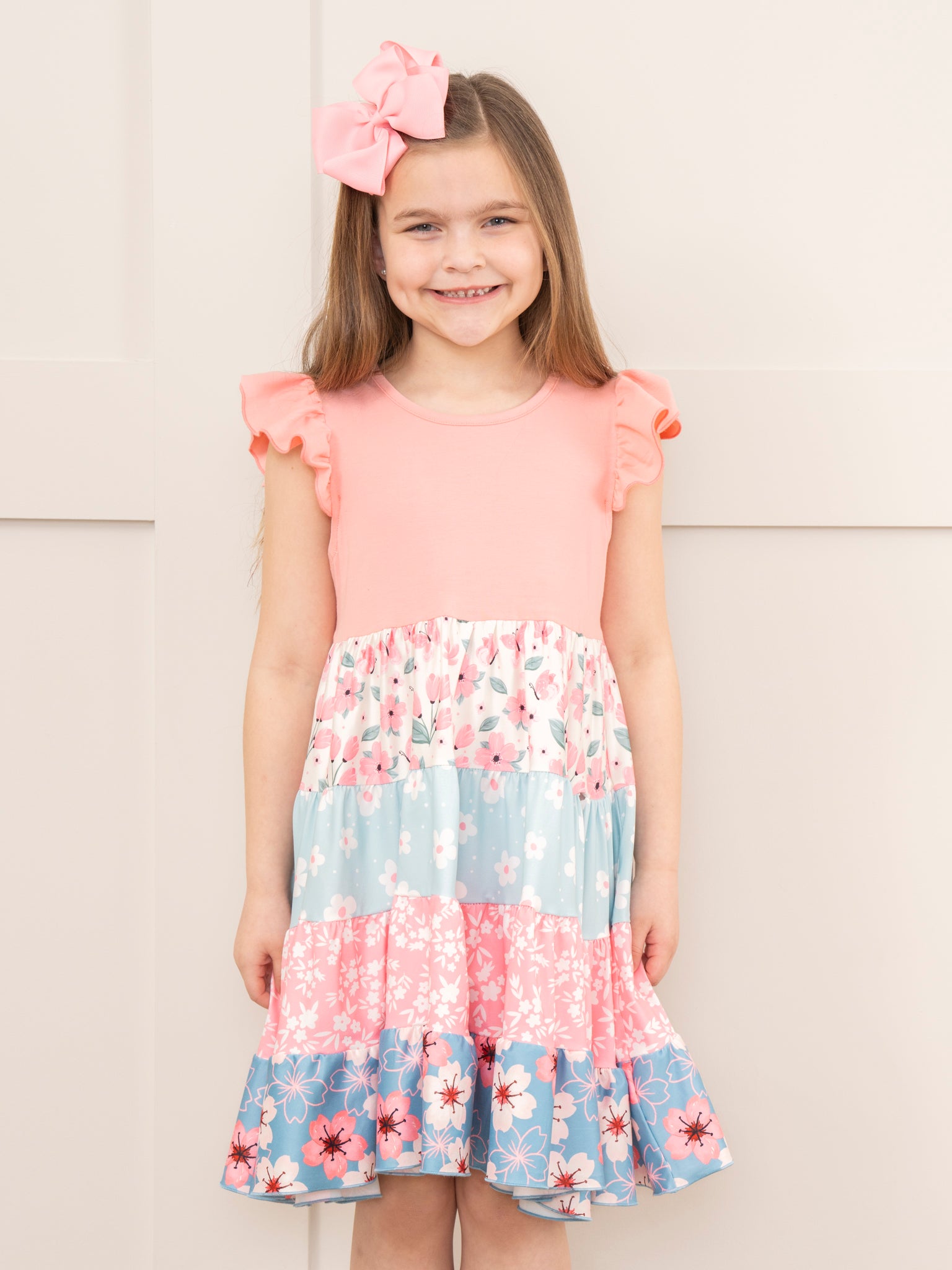 Pink & Blue Tropical Blooms Ruffle Dress - Marie Nicole Clothing