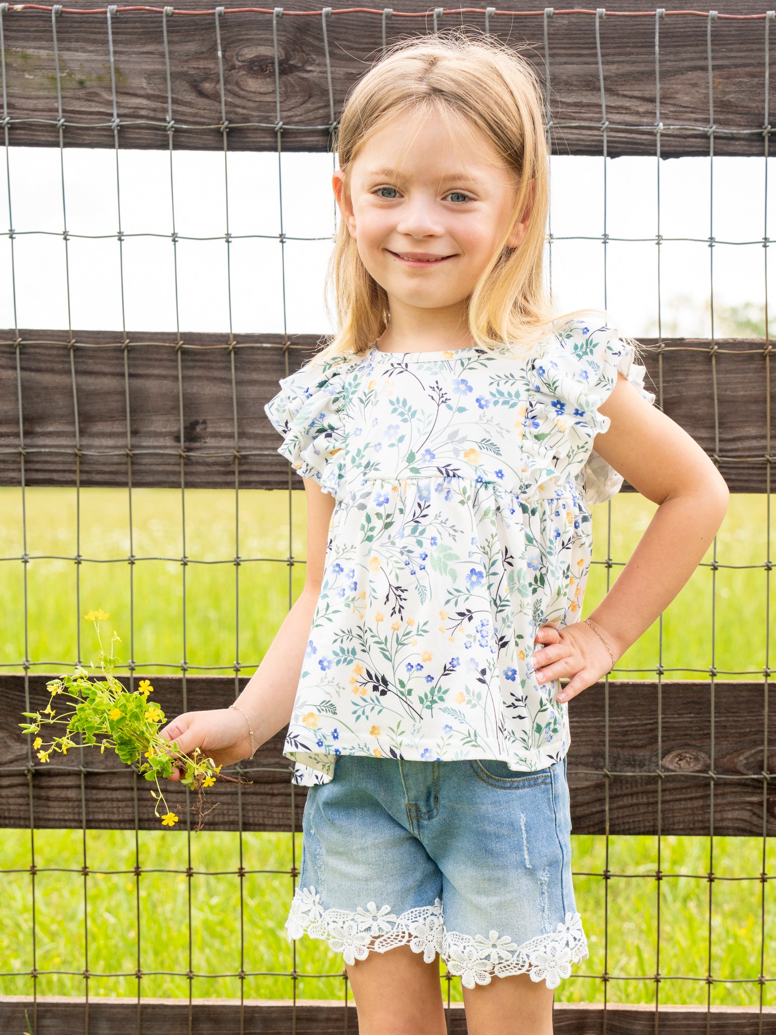 Lavender Blooms Lace Hem Denim Outfit - Marie Nicole Clothing
