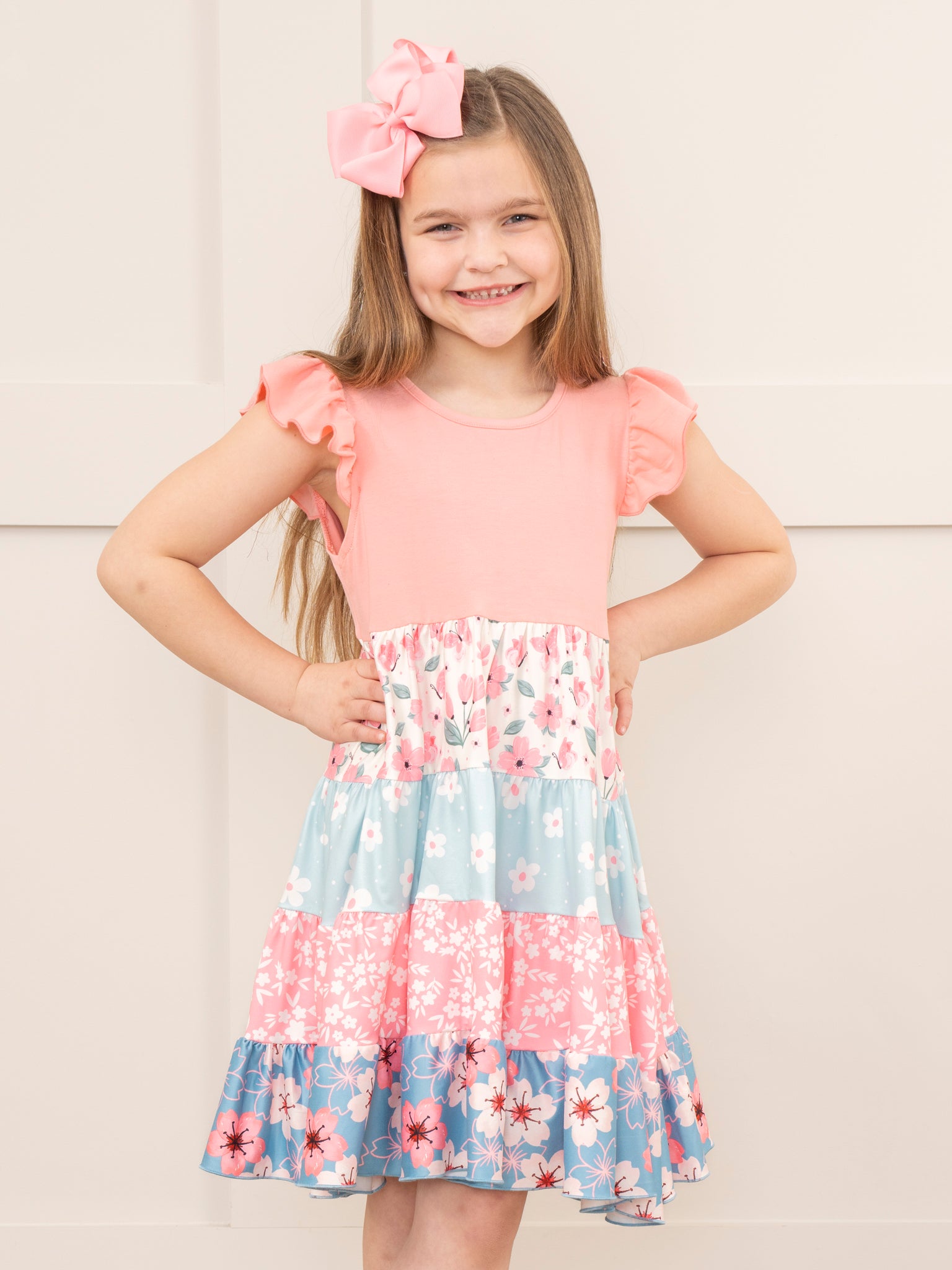 Pink & Blue Tropical Blooms Ruffle Dress - Marie Nicole Clothing