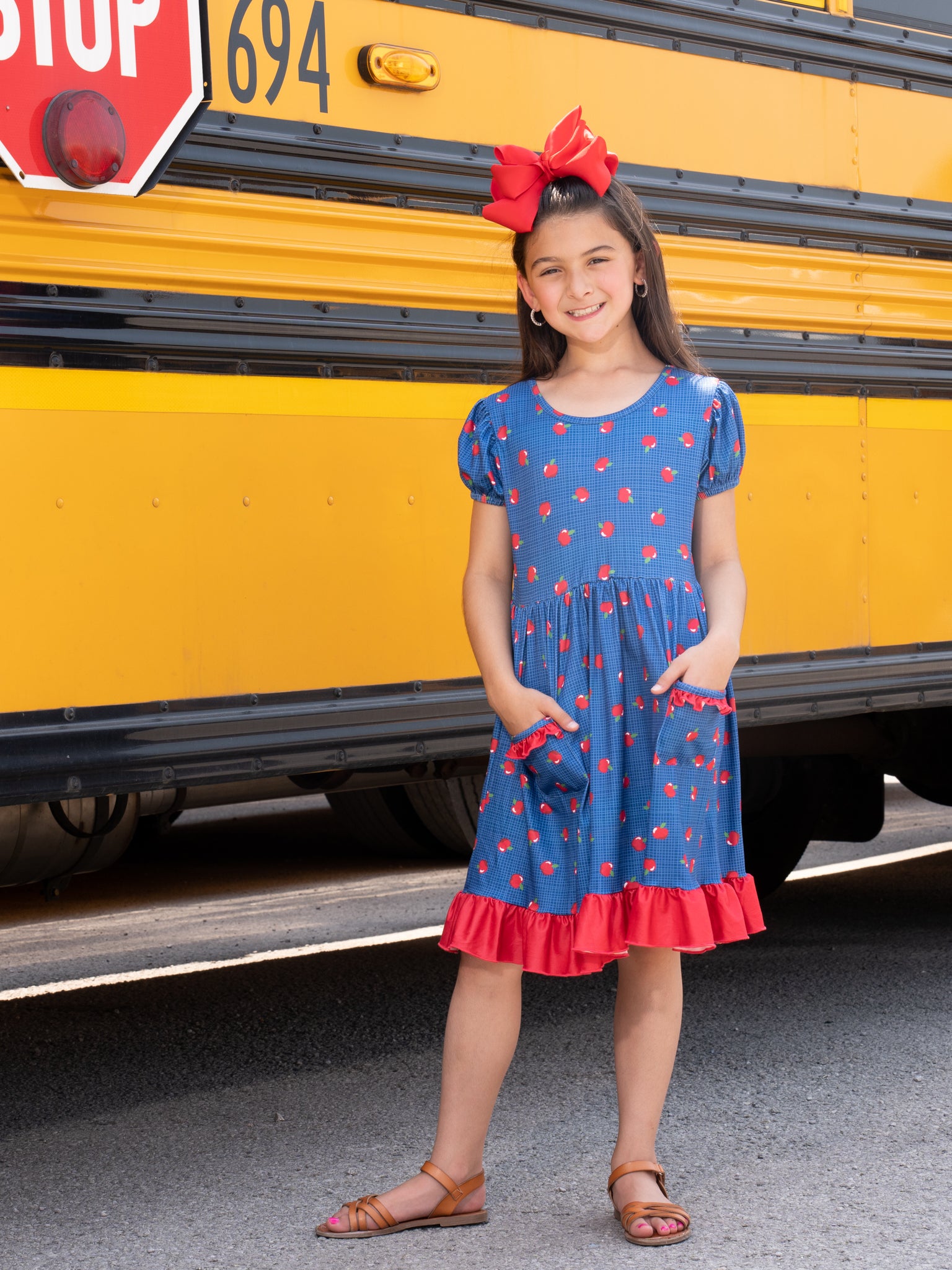 Blue & Red Apple Pocket Ruffle Dress - Marie Nicole Clothing