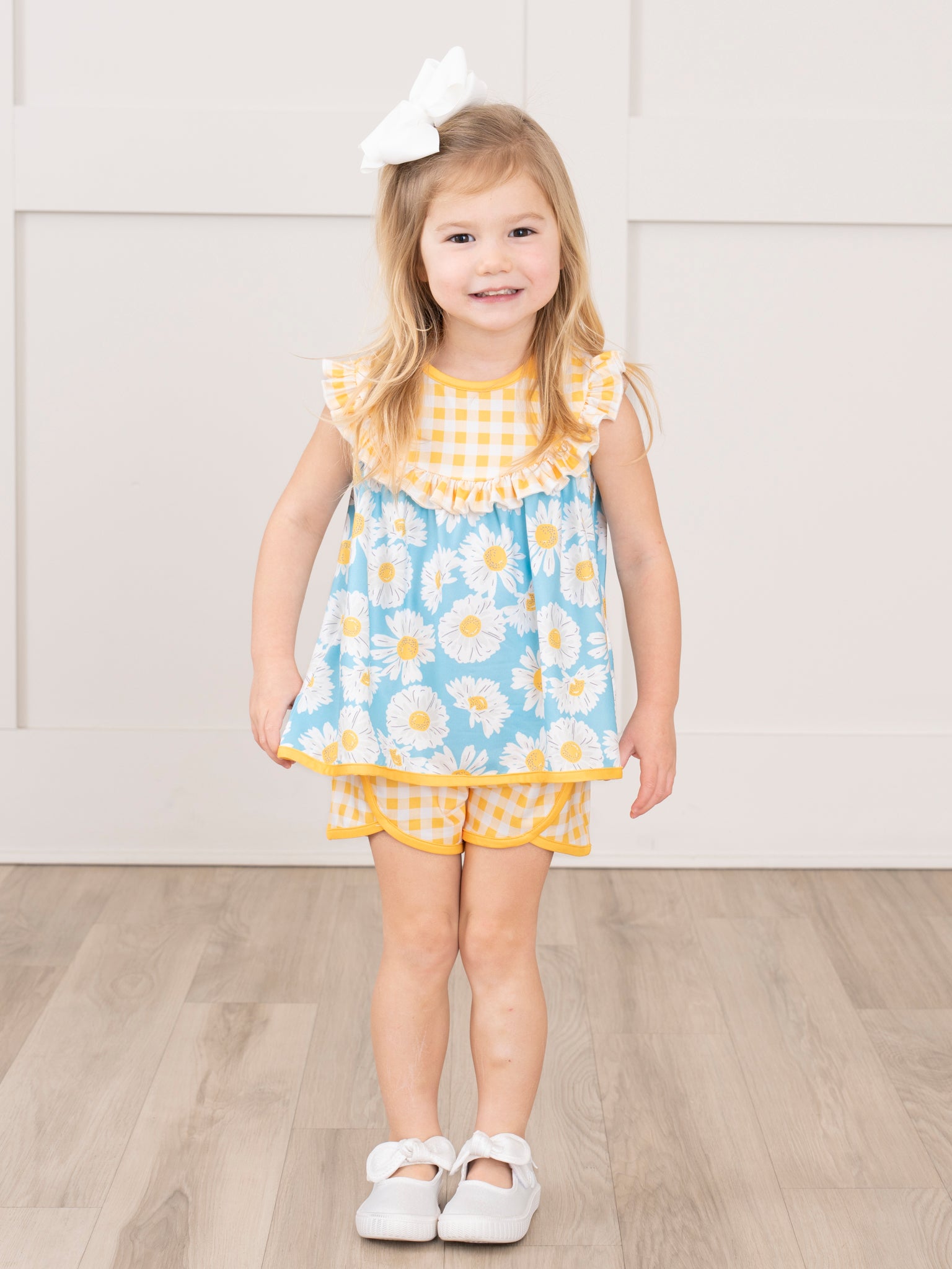 Yellow Gingham Floral Ruffle Outfit - Marie Nicole Clothing