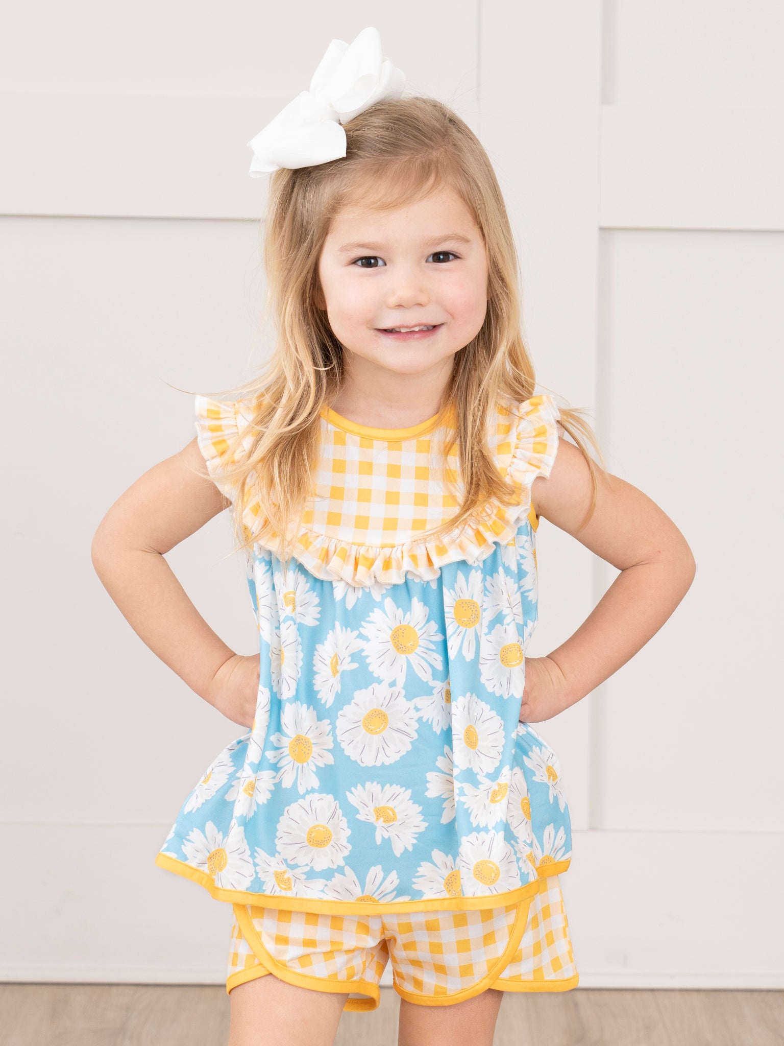 Yellow Gingham Floral Ruffle Outfit - Marie Nicole Clothing