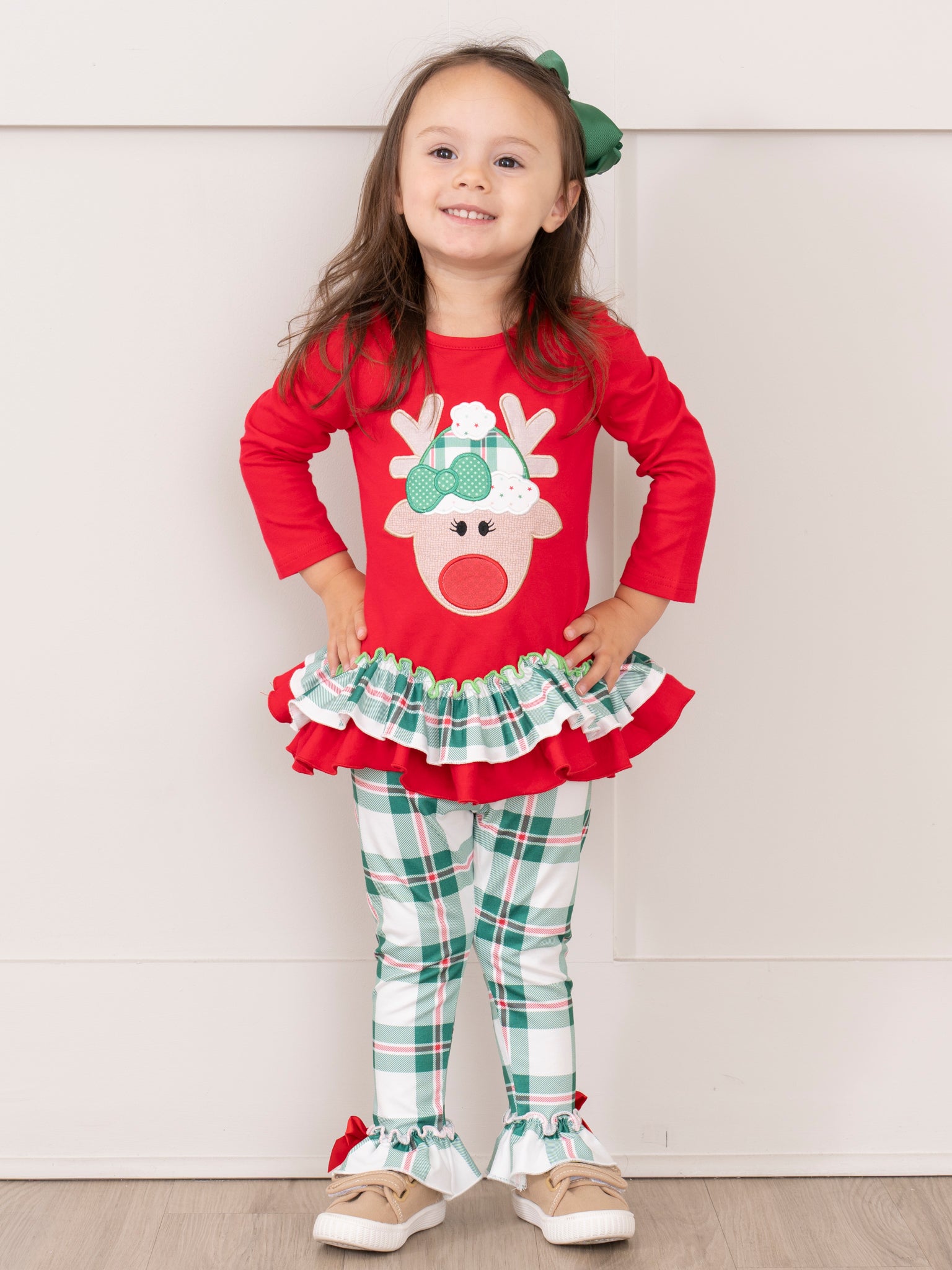 Red & Green Plaid Reindeer Ruffle Outfit - Marie Nicole Clothing