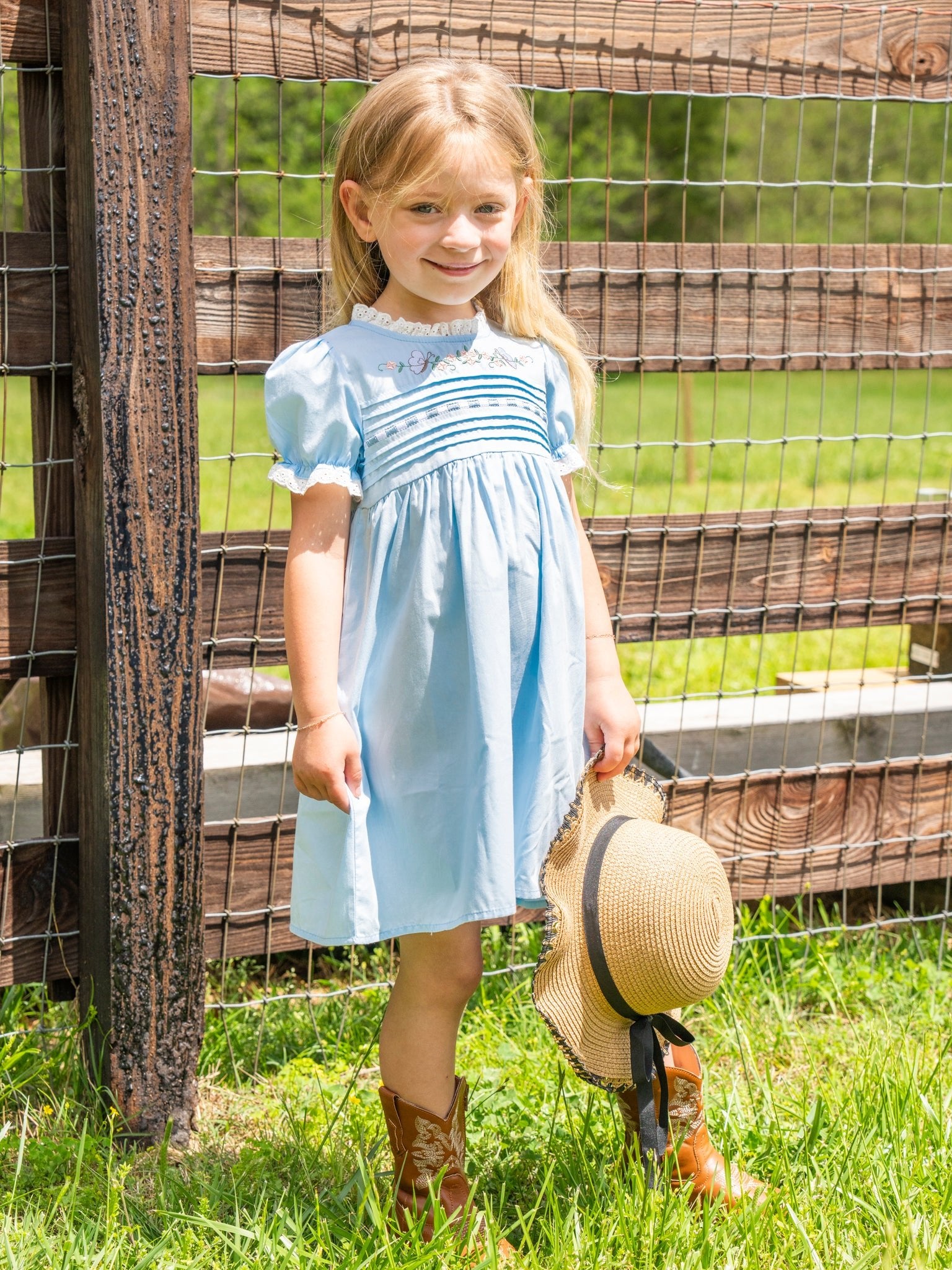 Light Blue Embroidered Garden Smocked Ruffle Dress - Marie Nicole Clothing