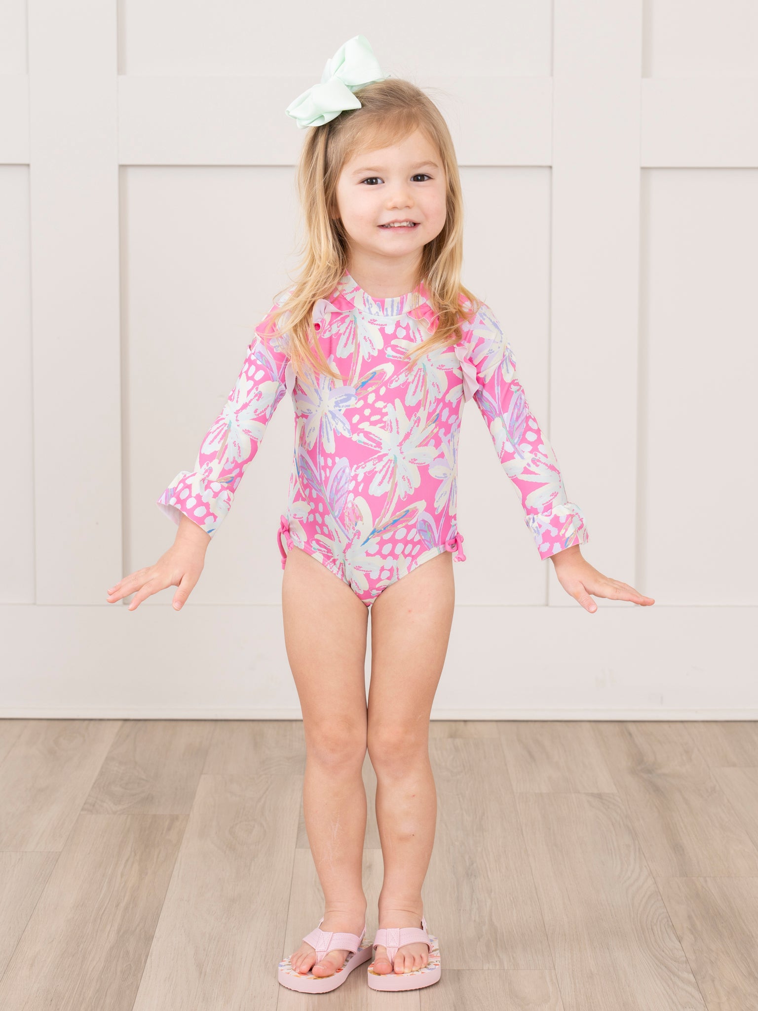 Tropical Pink Floral Ruffle Rashguard Swimsuit - Marie Nicole Clothing