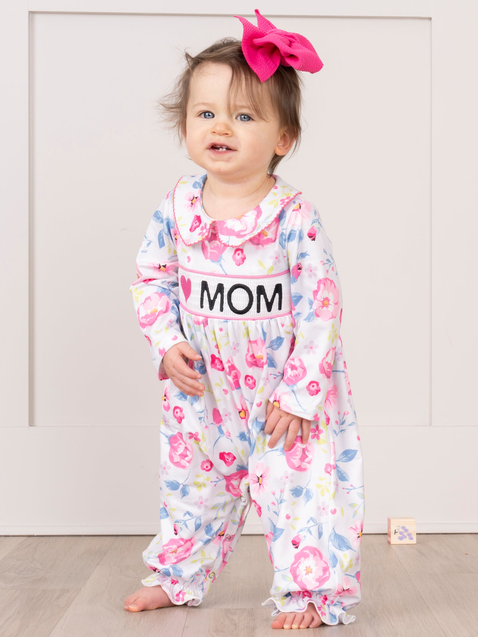 Sweet Pink Floral Smocked Mom Love Ruffle Romper - Marie Nicole Clothing
