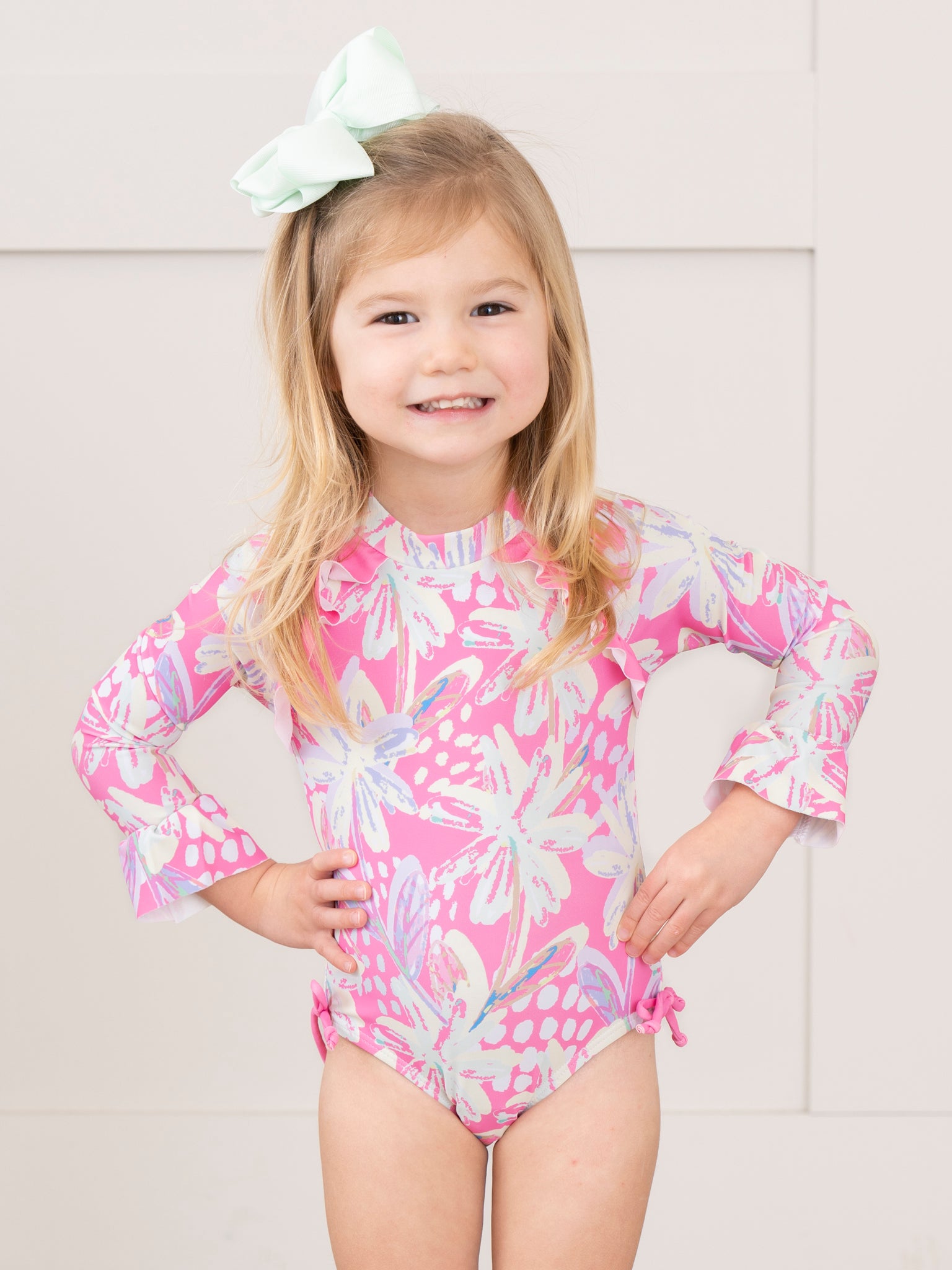 Tropical Pink Floral Ruffle Rashguard Swimsuit - Marie Nicole Clothing