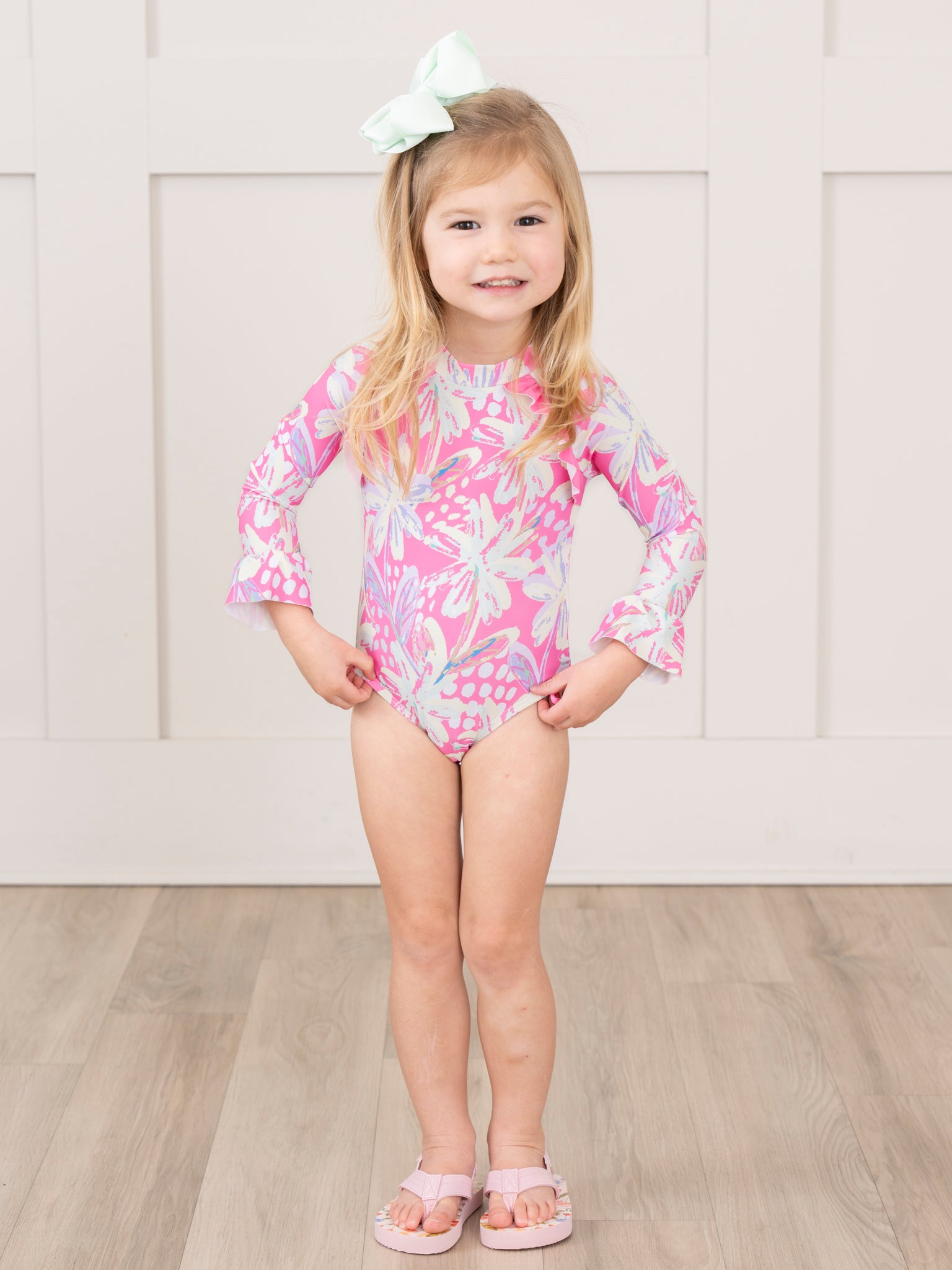 Tropical Pink Floral Ruffle Rashguard Swimsuit - Marie Nicole Clothing