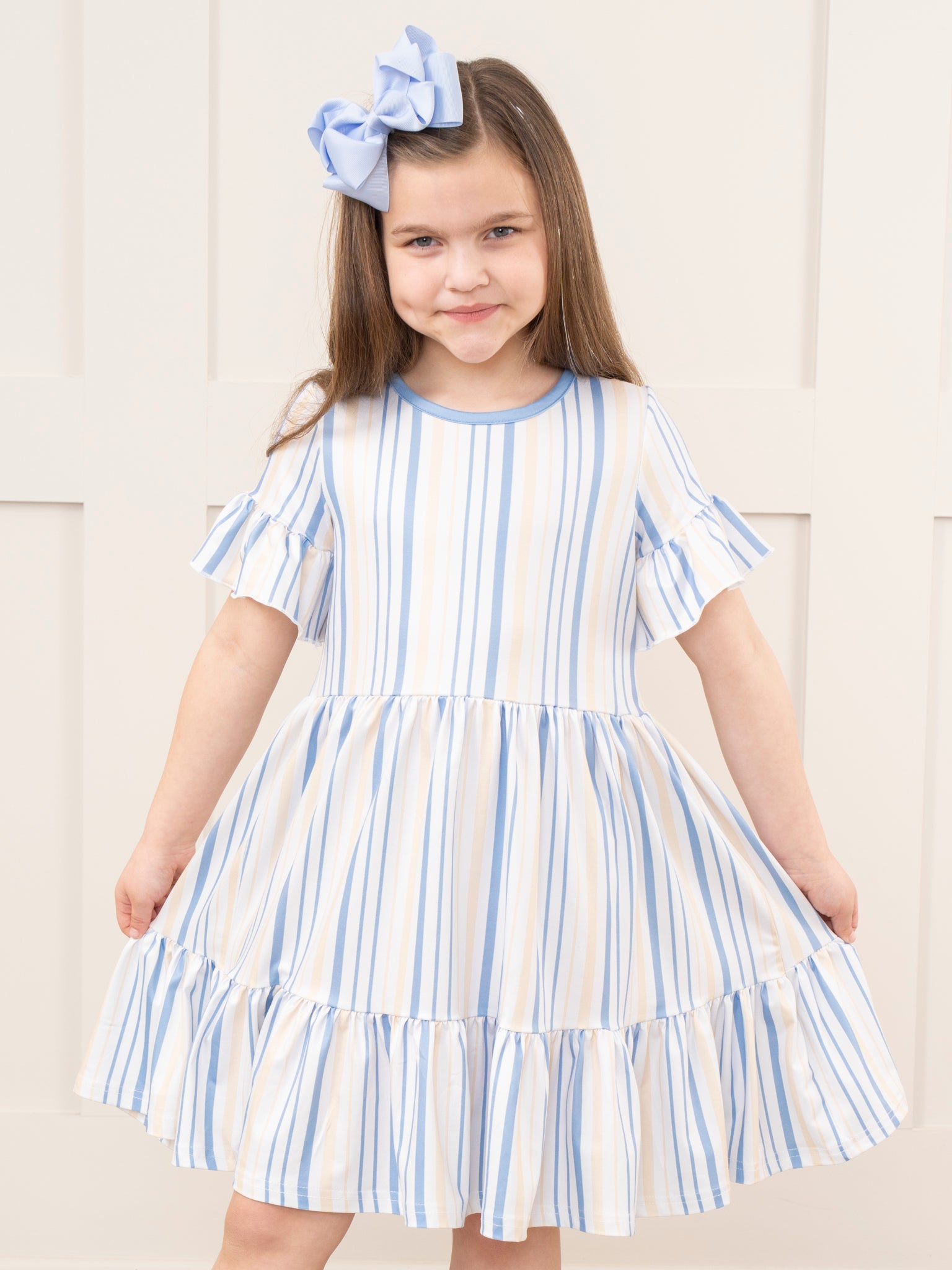 Mom & Me Cornflower Stripes Tiered Ruffle Dress - Marie Nicole Clothing