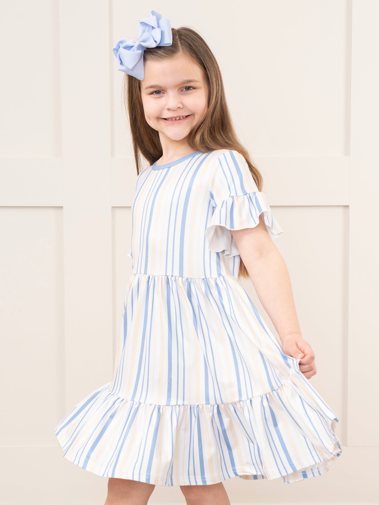 Mom & Me Cornflower Stripes Tiered Ruffle Dress - Marie Nicole Clothing
