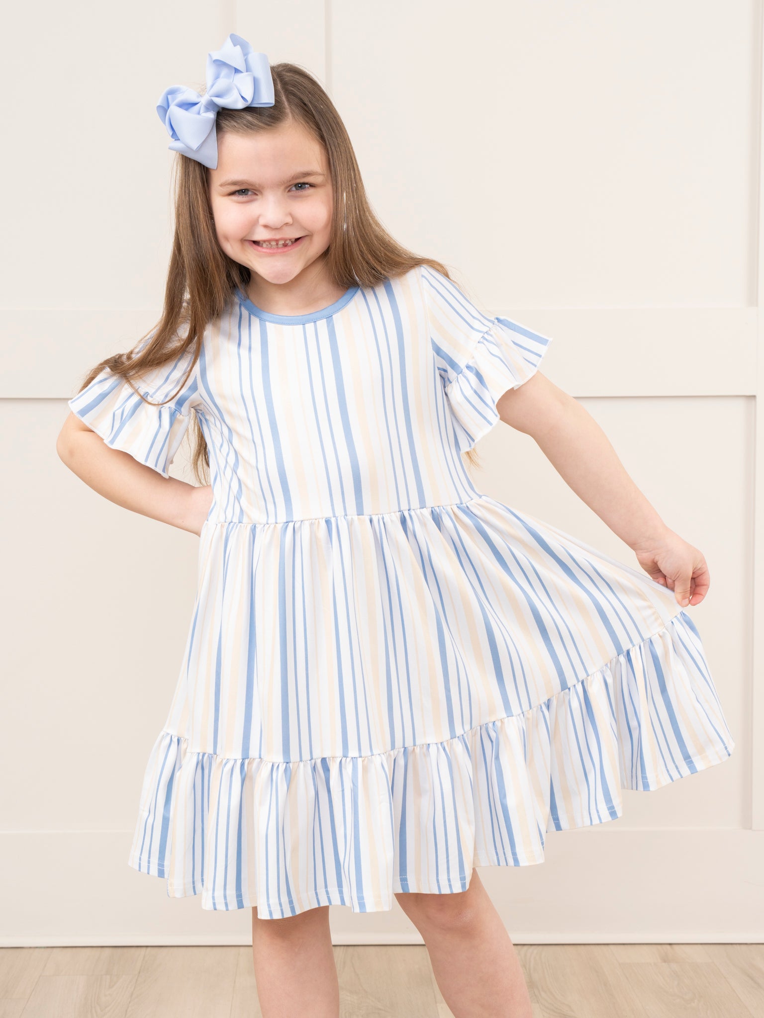 Mom & Me Cornflower Stripes Tiered Ruffle Dress - Marie Nicole Clothing