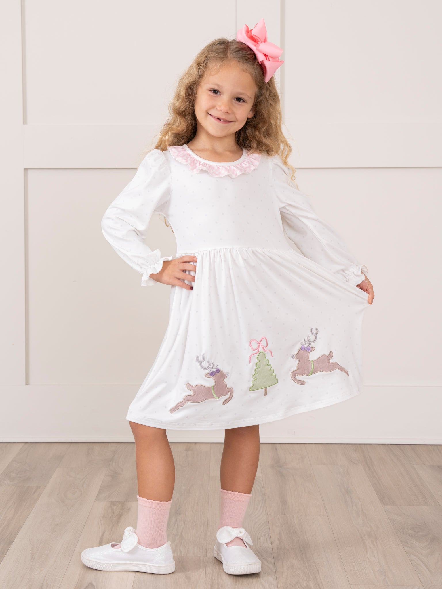 Pink Reindeer Prancing Reindeer Ruffle Dress - Marie Nicole Clothing