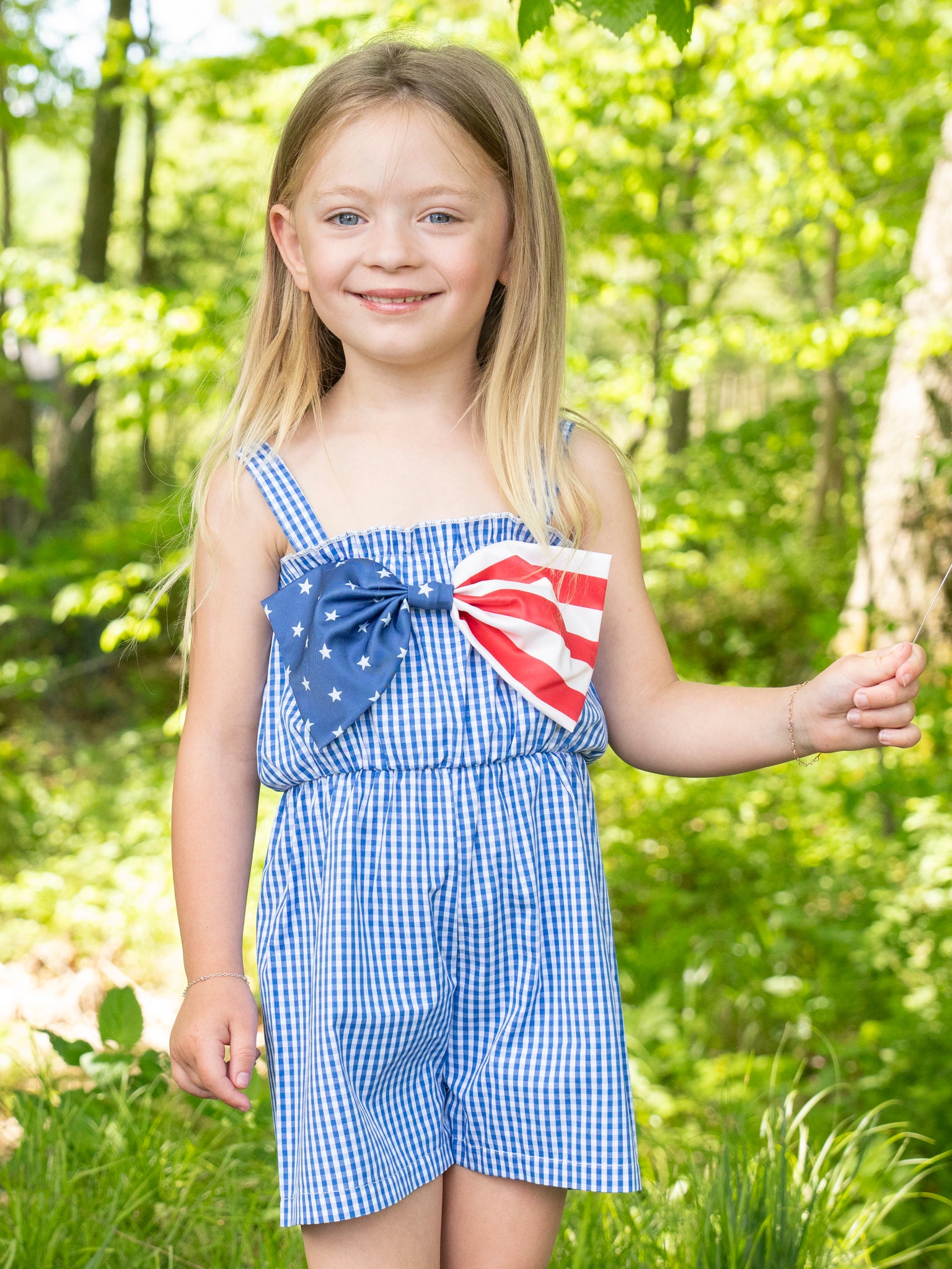 Blue Gingham American Girl Bow Romper - Marie Nicole Clothing