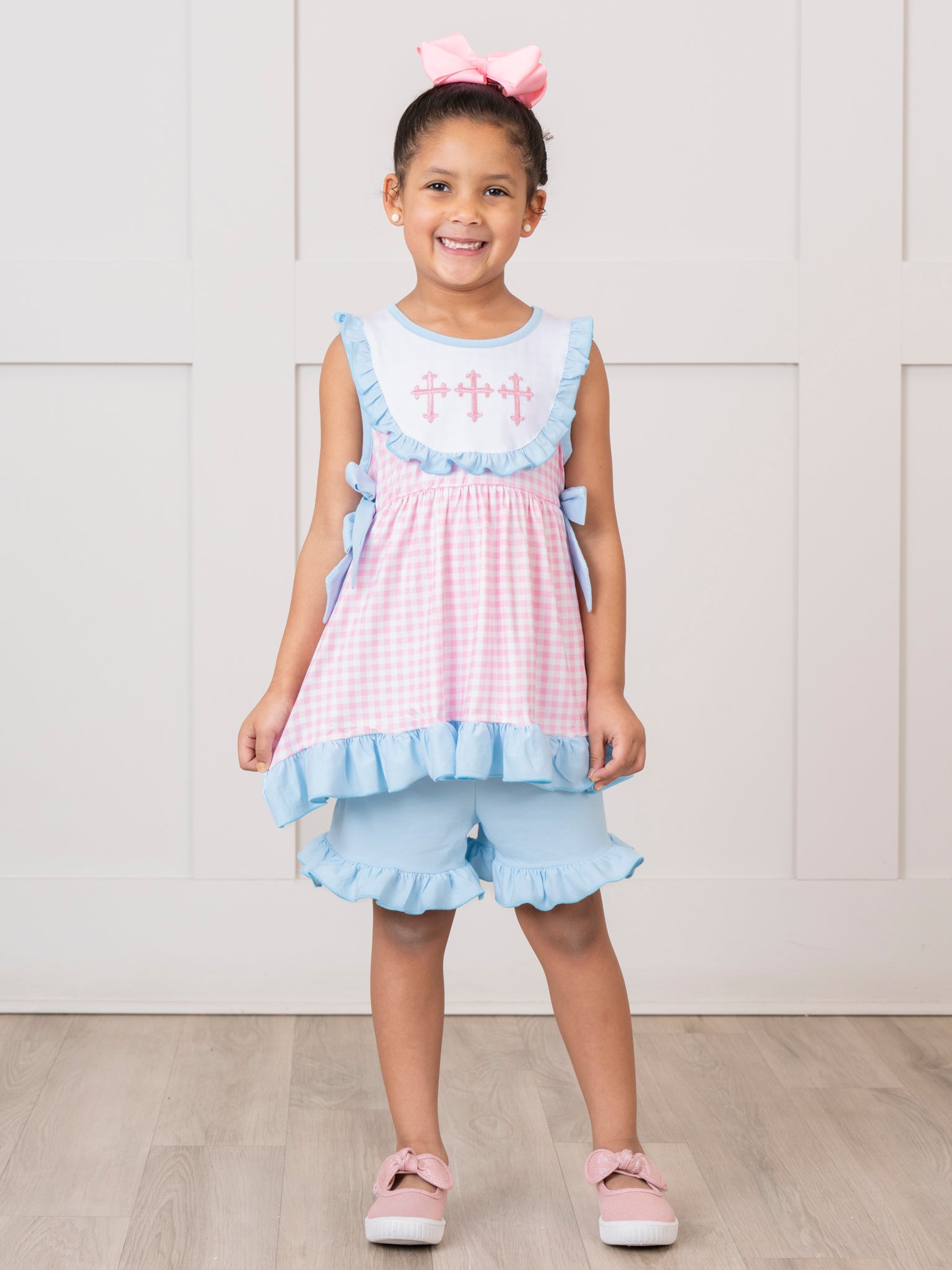 Blue & Pink Gingham Cross Ruffle Outfit - Marie Nicole Clothing