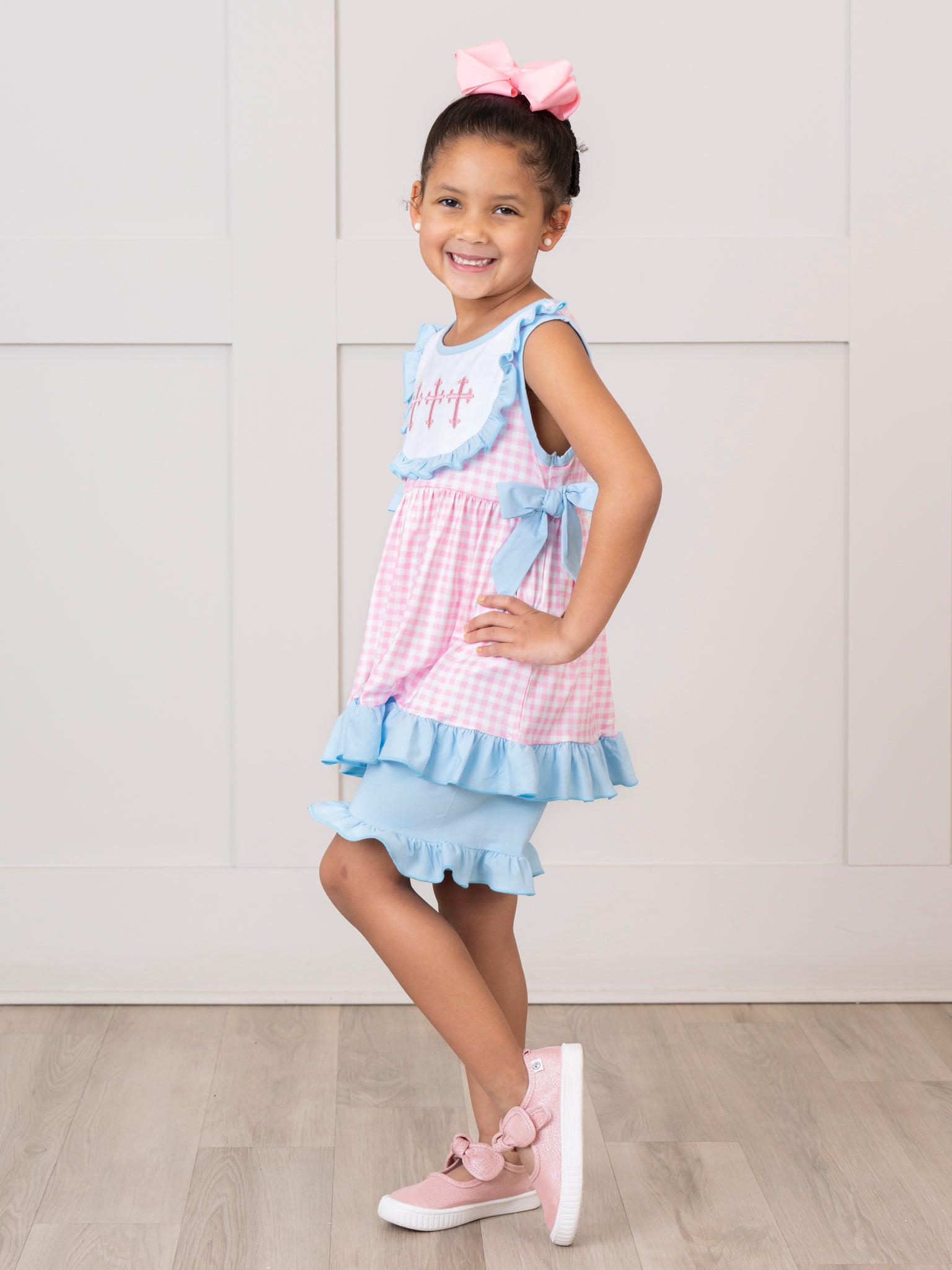 Blue & Pink Gingham Cross Ruffle Outfit - Marie Nicole Clothing