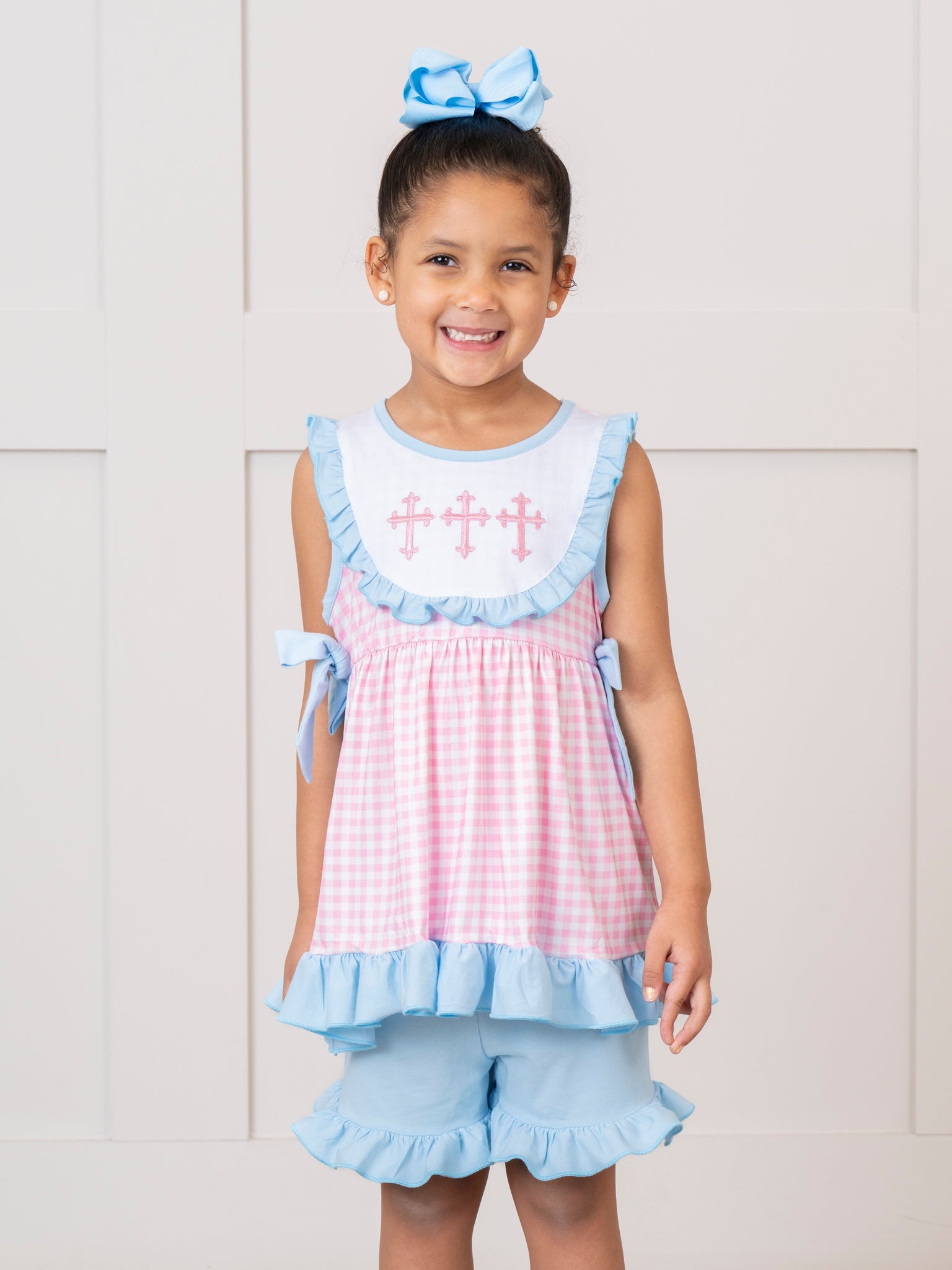 Blue & Pink Gingham Cross Ruffle Outfit - Marie Nicole Clothing