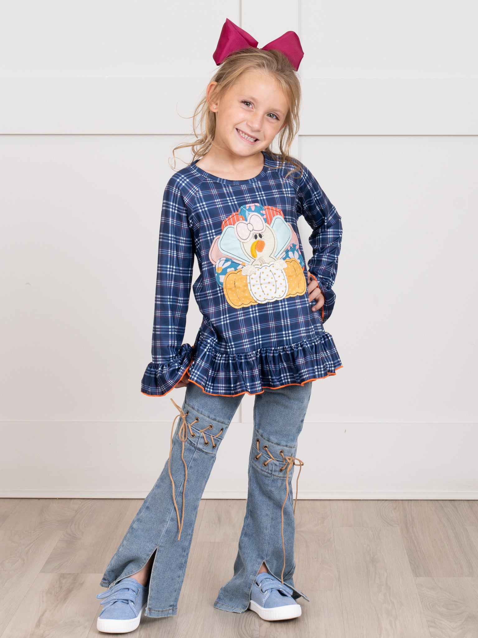 Blue & Orange Plaid Embroidered Turkey Outfit w/ Denim - Marie Nicole Clothing