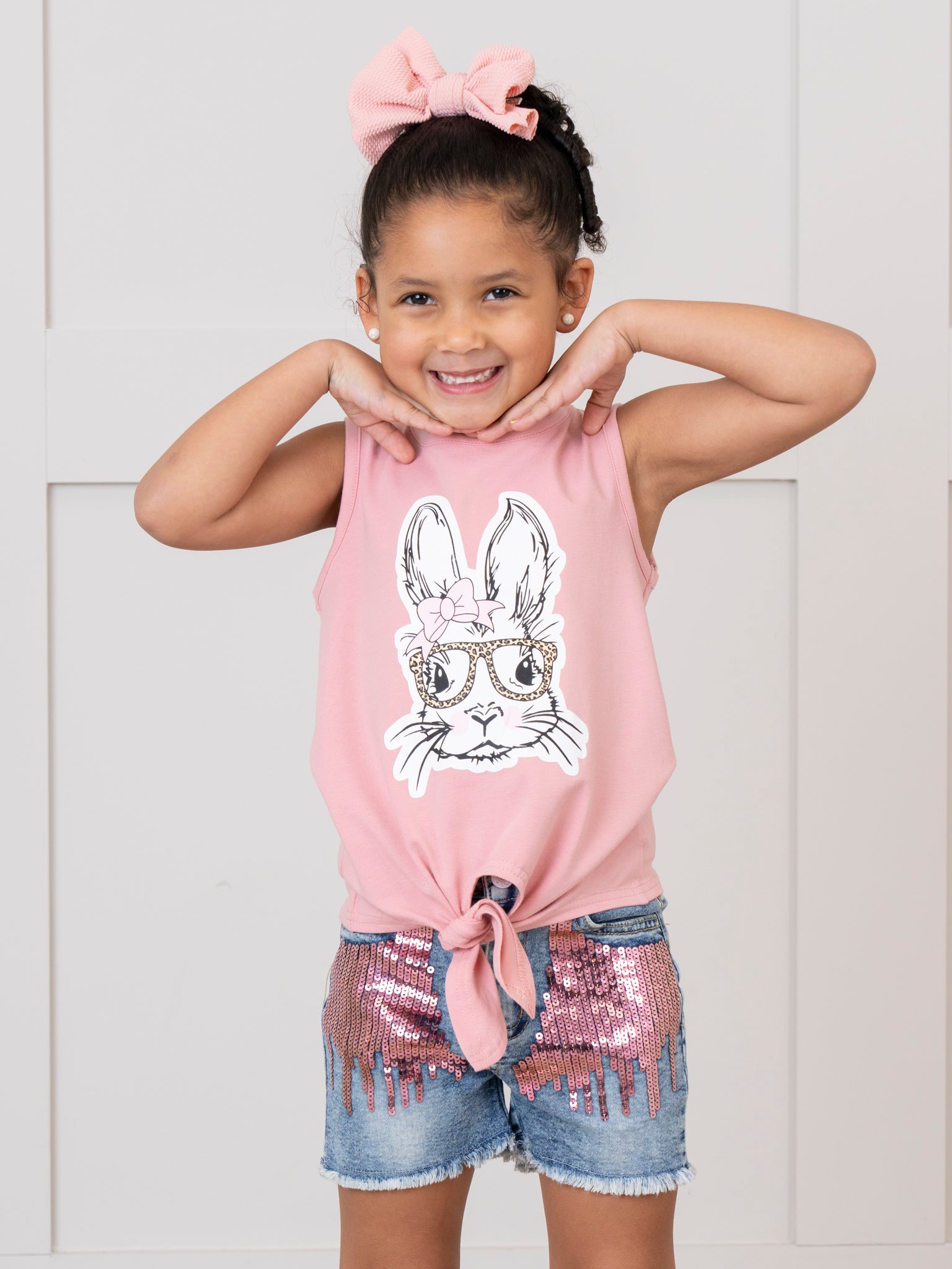 Pink Bunny Tie Tank & Sequin Denim Shorts Outfit - Marie Nicole Clothing